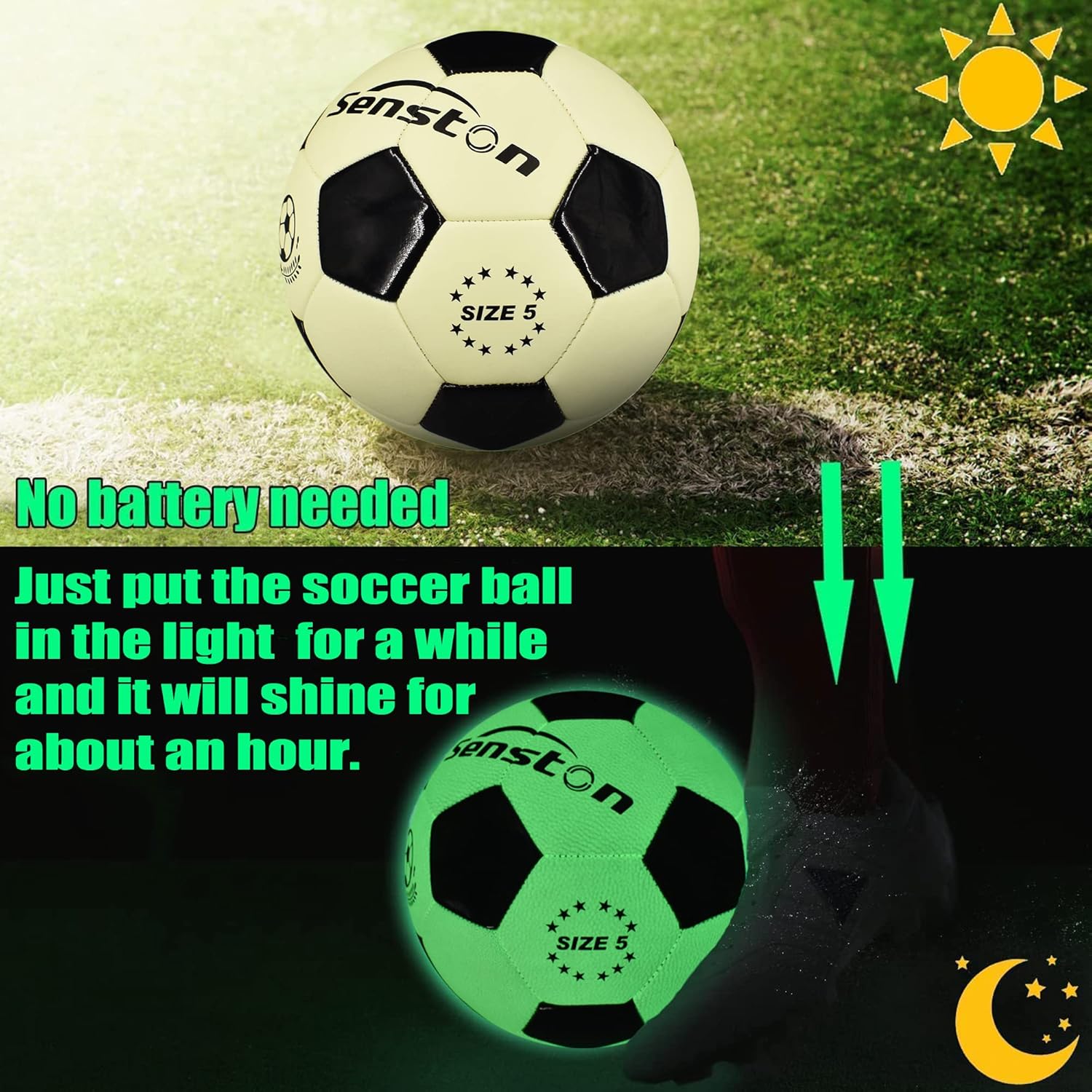 Senston Glow in The Dark Soccer Ball, Glowing Leather Soccer Ball Size 5 with Pump -Gift for Men, Women Indoor Outdoor Night