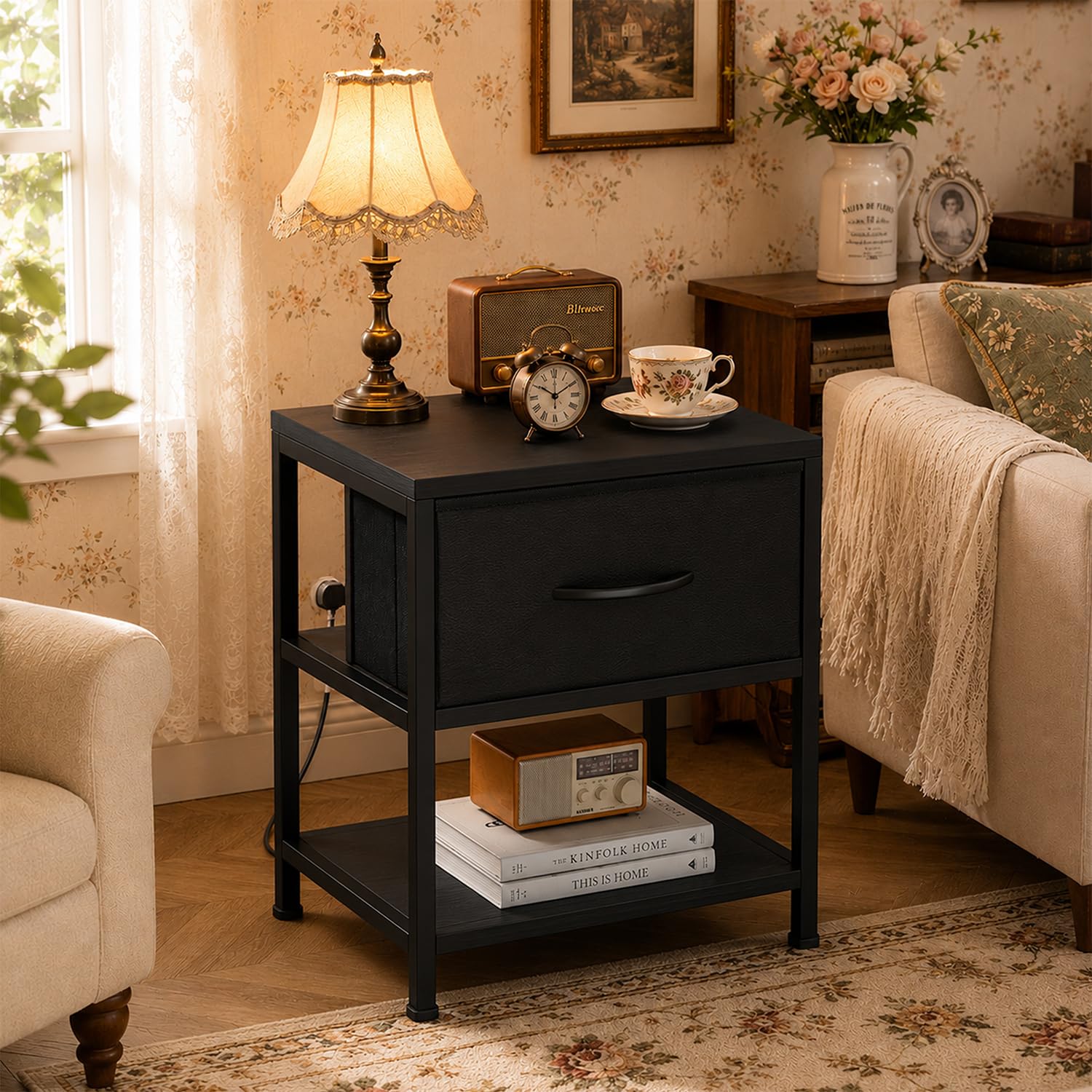 knoworld Slim Bedside Table with Fabric Drawer & Open Compartment, Charging Station, Narrow End Table for Small Bedroom, Black, 40x30x50cm