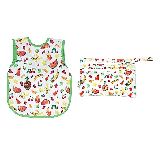 BapronBaby Eric Carle - Paquete de frutas tropicales – Bapron (Sz bebé/niño pequeño 19.7 ft-3T) + bolsa húmeda de 11 x 9 pulgadas – Babero suave