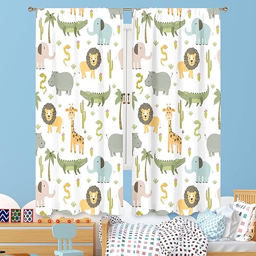 Miniatura 2 de MESHELLY Cortinas de safari para niños, 42 pulgadas de ancho x 63 pulgadas de alto, bolsillo para barra, lindos animales de dibujos animados