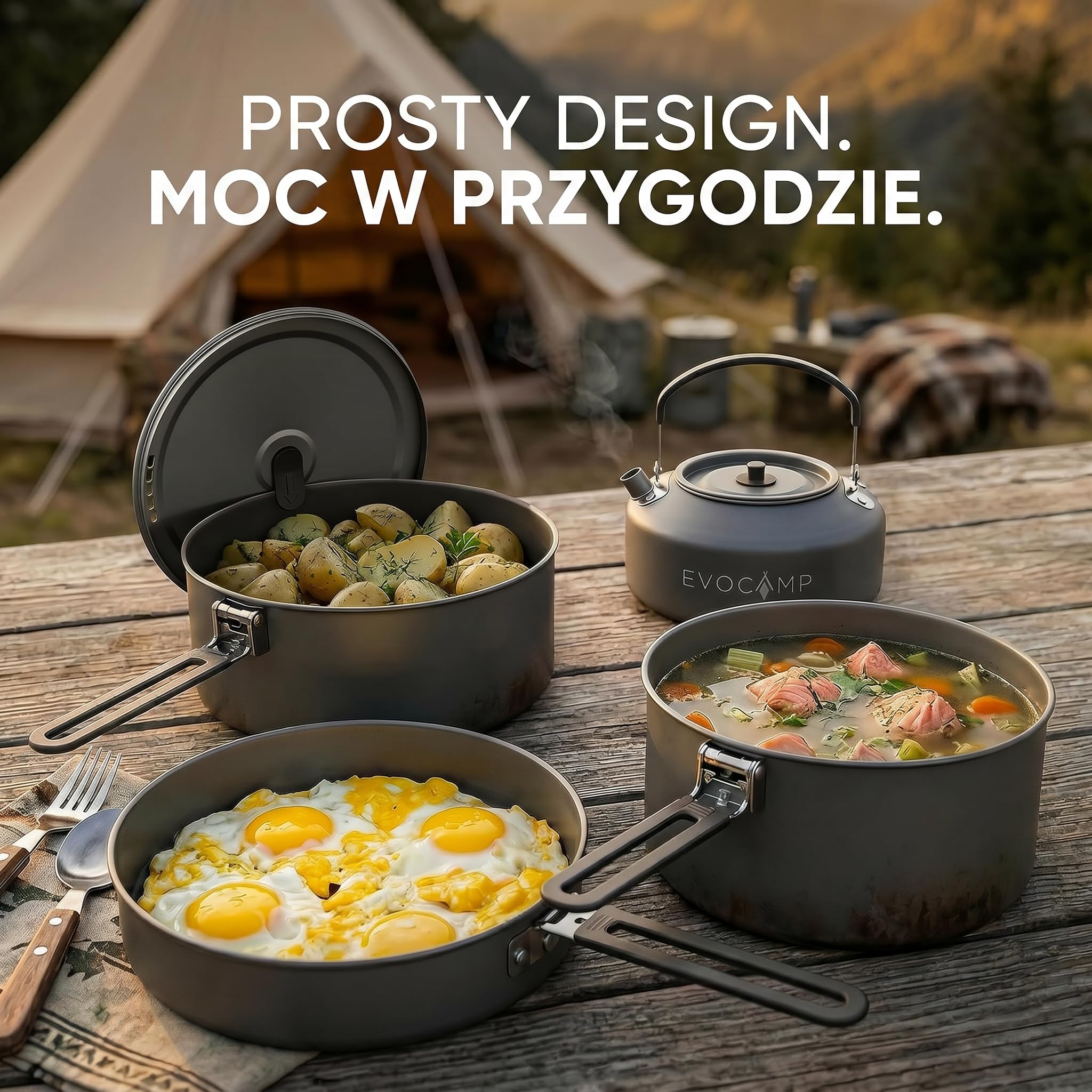EVOCAMP Zestaw naczyń kuchennych do gotowania na kemping 4-częściowy aluminium, lekkie składane uchwyty i torba, kuchnia outdoor