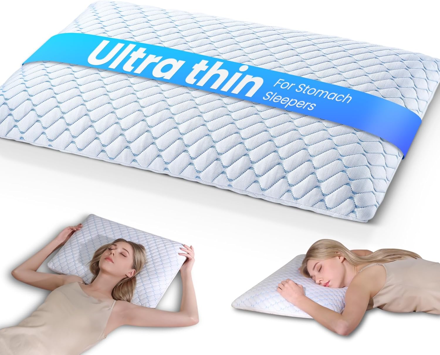 Stomach Sleeping Pillow Ultra Thin Flat, Slim Low Profile for Neck Pain Relief, Cooling Gel Memory Foam, Designed for Stomach Sleeper and Back Sleeper, Washable Cover, 2.6 inch