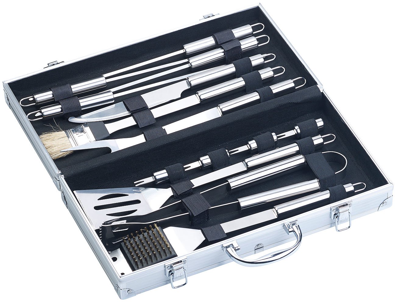 Rosenstein & Söhne Giardino e Giardinaggio Set 14 Pezzi Barbecue Utensili Acciaio Inossidabile Valigia Alluminio Spazzola Pulizia Grill