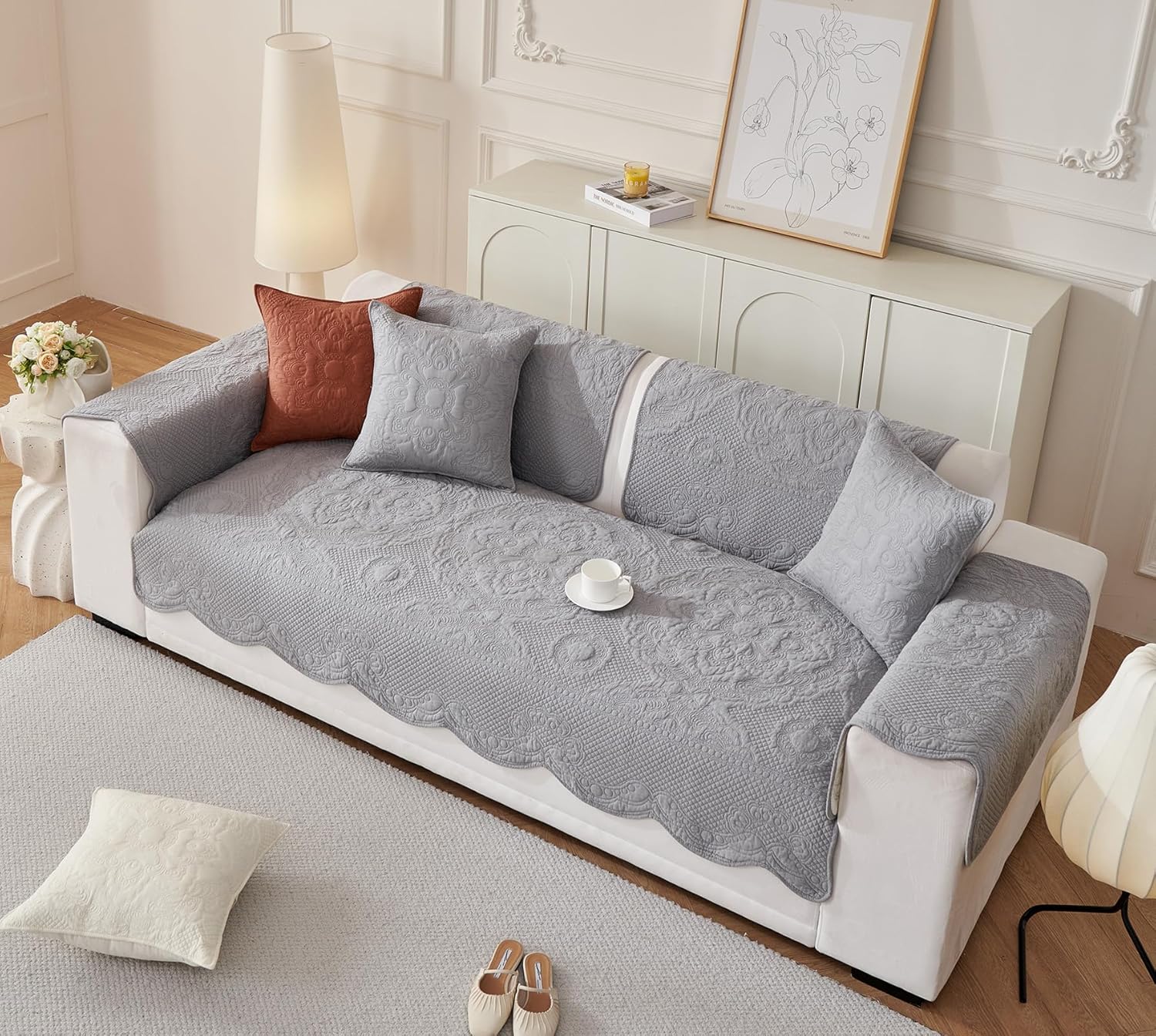 Luxury Vintage Cotton Embroidery Sofa Cover Soft Farmhouse Seat Cushion Cover Floral Quilted Sectional Couch Cover Anti-Slip Sofa Slipcovers Furniture Protector for Dogs Cats (Grey,28"x70")