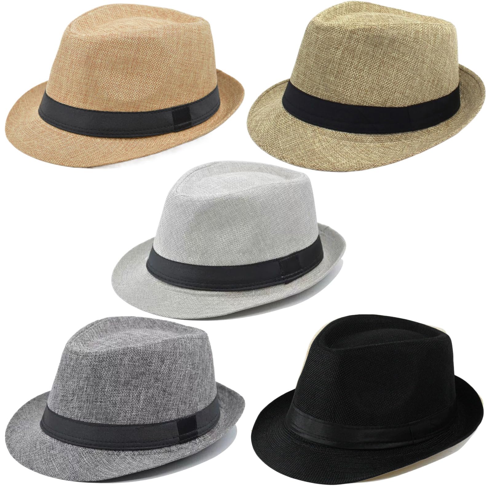 5 Pack Bulk Cuban Fedora Sun Hats Men with Adjustable Strap, Short Brim 1920s Unisex Party Costume Hats Women.
