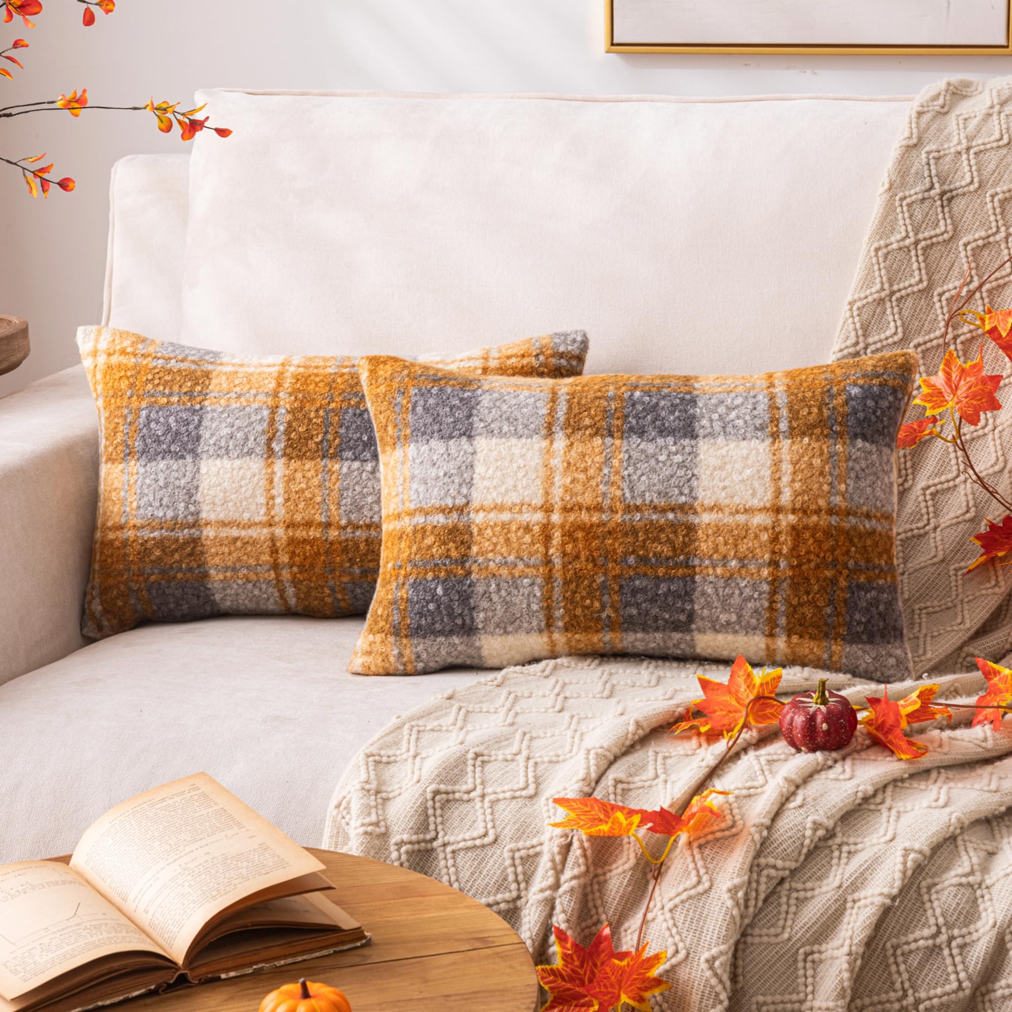 Yellow Plaid Fall Throw Pillow Covers 12x20 Inch Set of 2 Boucle Decorative Pillow Covers Cozy Fluffy Home