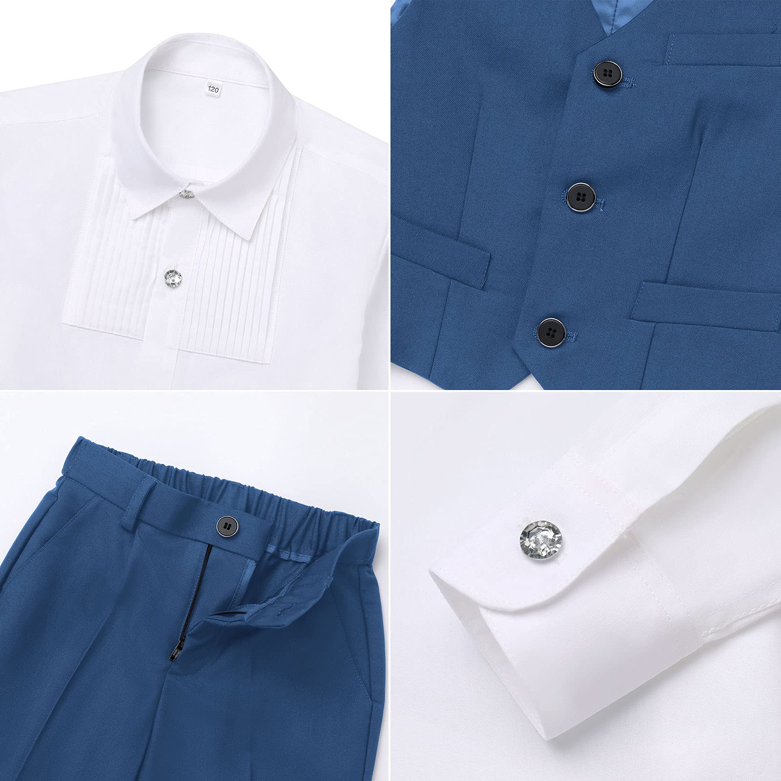FYMNSI - Completo da smoking per bambini, a maniche lunghe, con fiocco e papillon + giubbotto + pantaloni, set di formale, festa di matrimonio, cerimonia, 4-16 anni, blu, 6-7 Anni