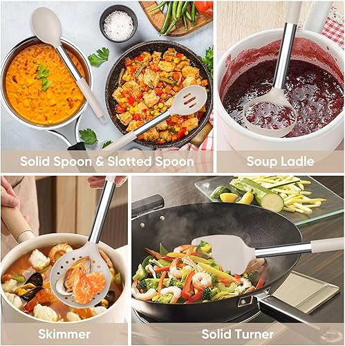 Miniatura 5 de TeamFar Juego de 8 utensilios de cocina, utensilios de cocina de silicona, con mango de acero inoxidable, para freír, servir, voltear y escurrir, no