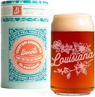 Benoit's Design Co. Beer Can Louisiana State Engraved Glasses