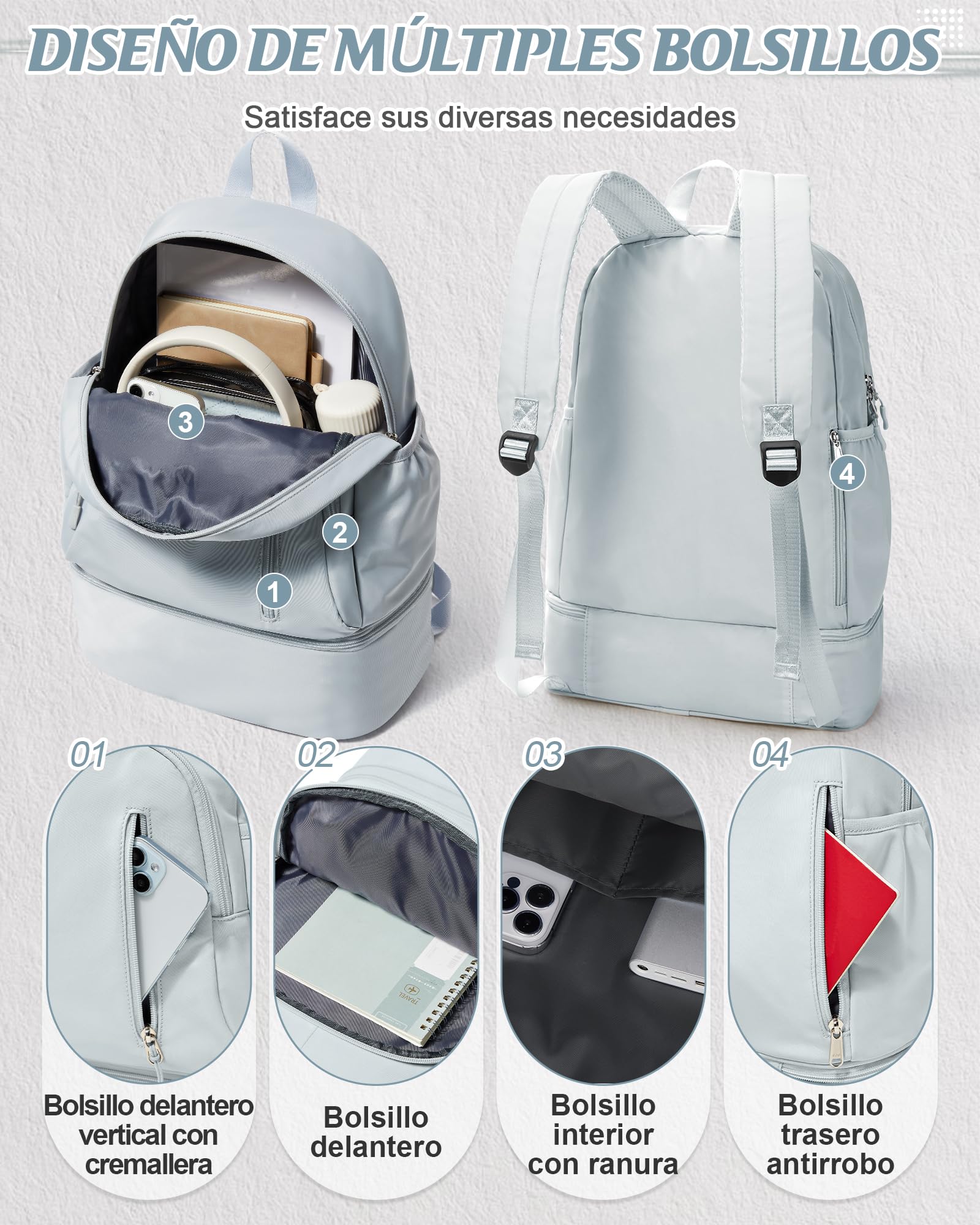 suradar Mochila Deporte Mujer, Mochila de Gimnasio para Mujer con Compartimento para Zapatos, Viaje, Deportiva Bolsa de Gimnasio Natación Yoga Azul Claro