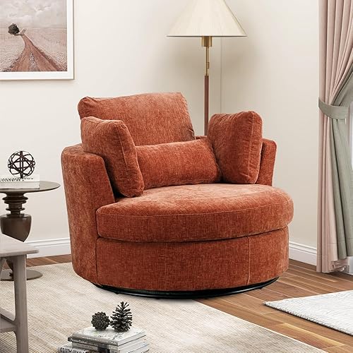 Oversized Swivel Accent Round Chair Modern Upholstered Sofa with Pillows Cozy Leisure Chair for Living Room Bedroom Home Office Club (Chenille Terracotta)
