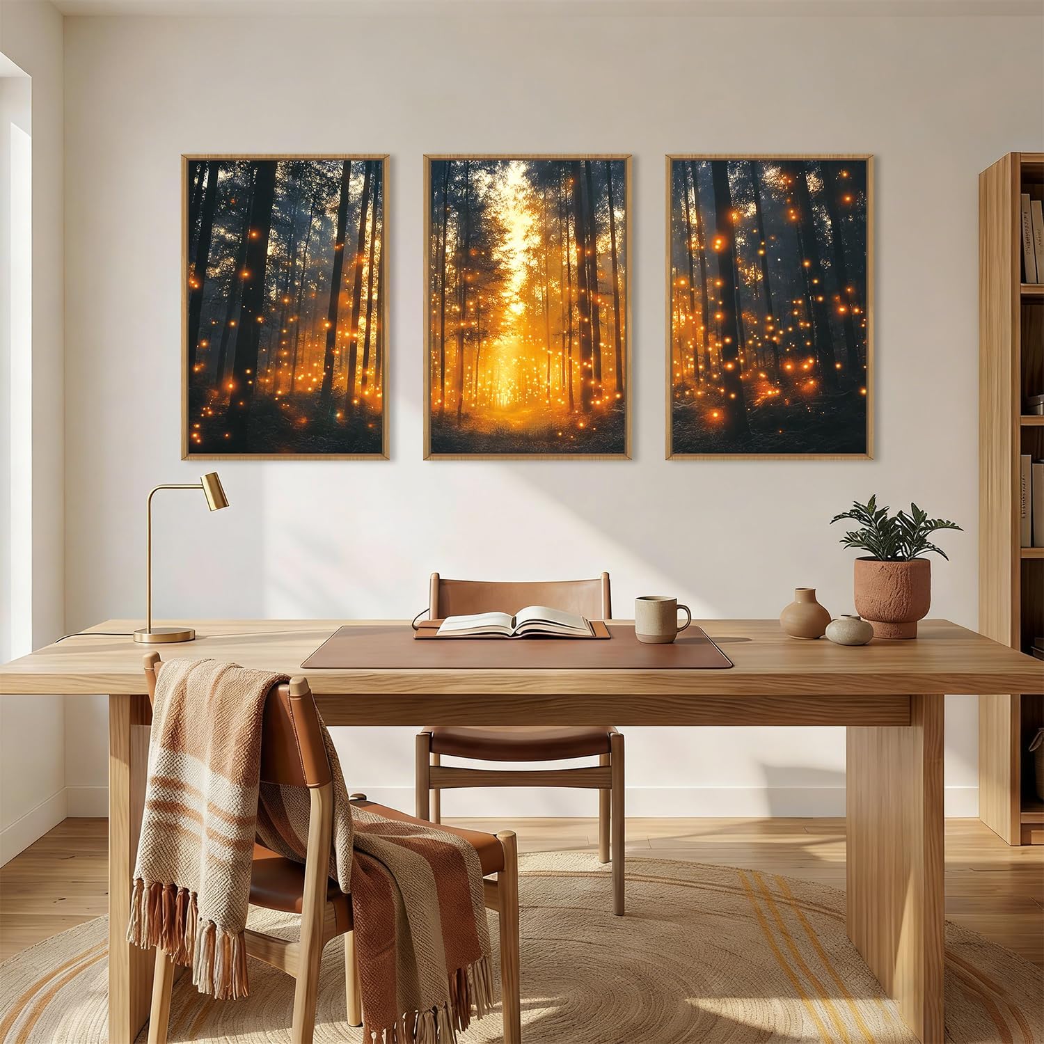 Condition photo showing New/Like New for aryroi magical firefly forest framed canvas wall art set,enchanted night nature mystical woodland wall decor,whimsical orange twinkling black tree art print for living room, bedroom, office- 24"x36"x3 mystical forest wall art 24"l x 36"w
