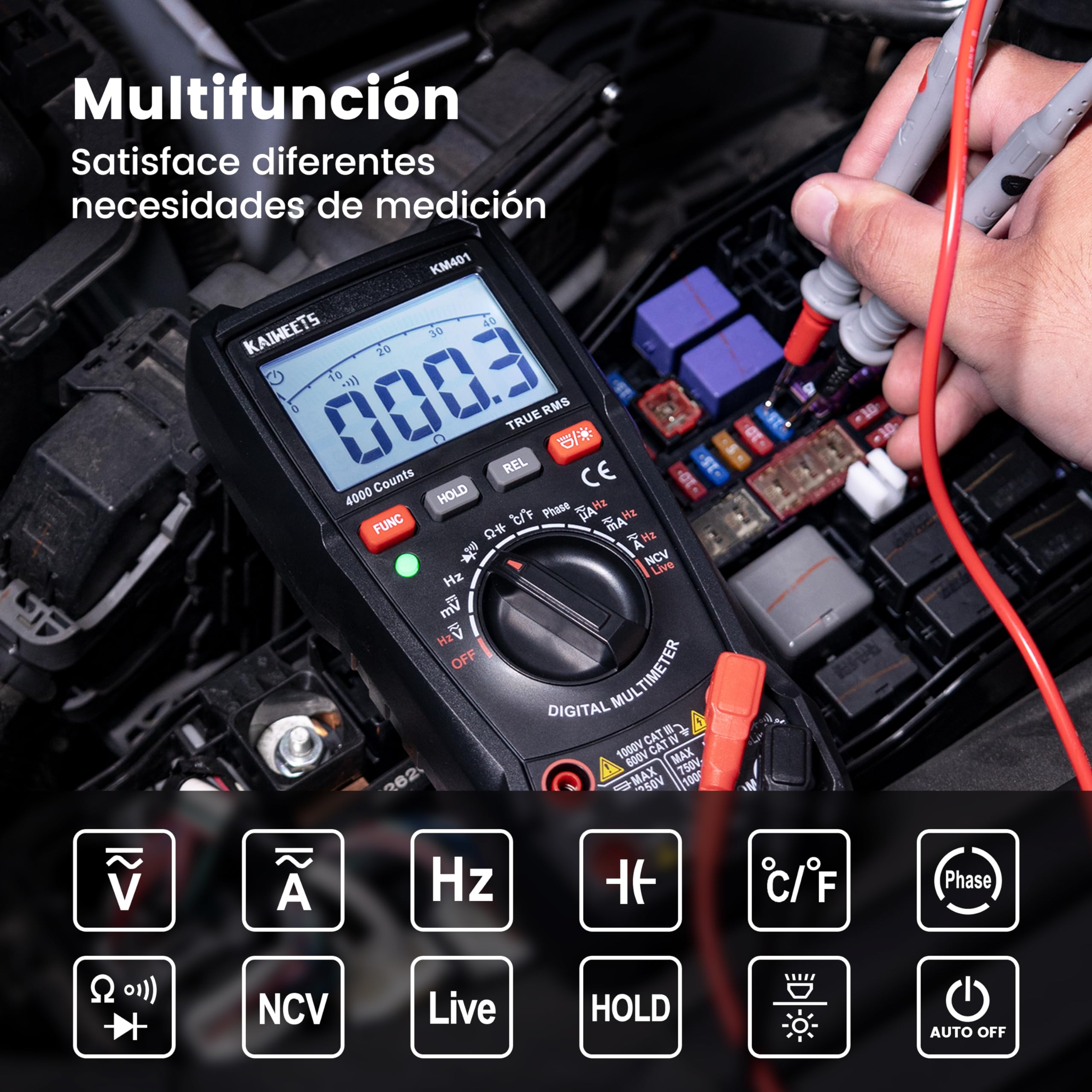 KAIWEETS Multímetro digital KM401, Polimetro Auto-Range T-RMS con 4000 cuentas, Amperímetro mide voltaje, corriente, resistencia, continuidad, frecuencia
