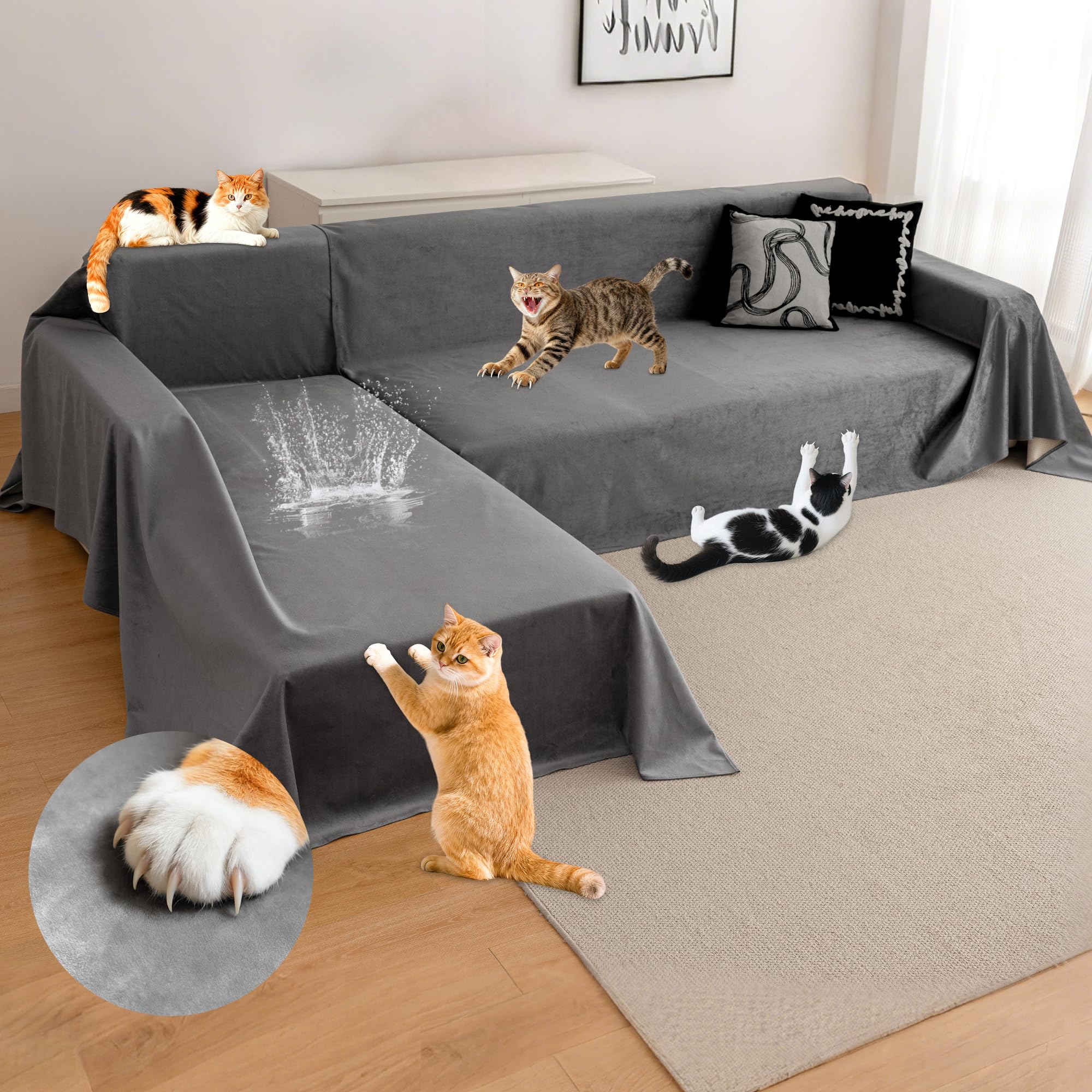 Loiion Funda Sofá en L Impermeable y Antiarañazos Gatos, Gris Oscuro | Funda Impermeable Juego de 2 Piezas, Cubre Sofá Antideslizante, Protector Sofá Esquina, 180x280+180x300cm