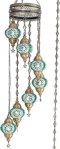 Miniatura 9 de DEMMEX Lámpara colgante de techo Tiffany de 7 globos con mosaico turco marroquí bohemio Tiffany con cadena de cable de 15 pies y enchufe, 50