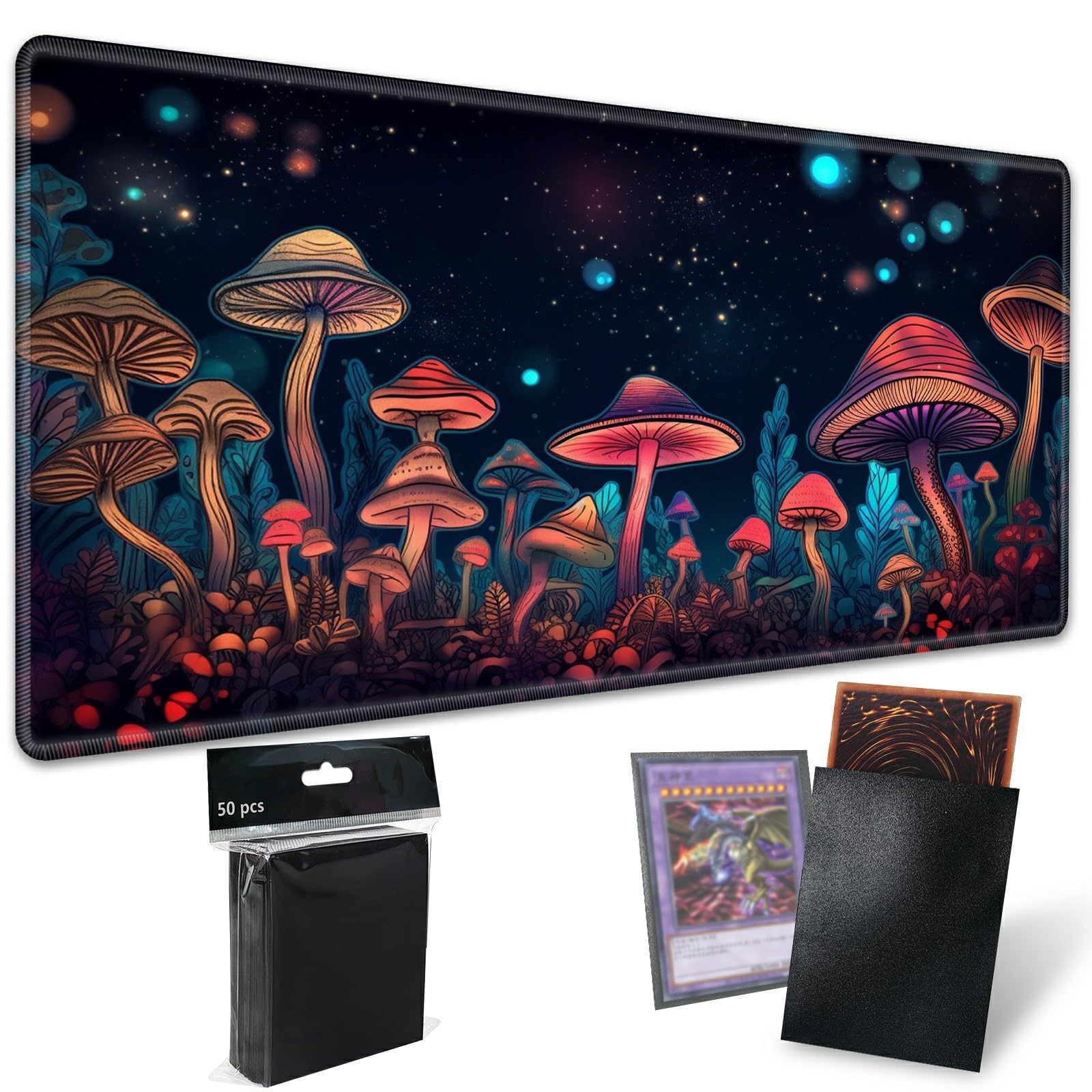 for MTG Playmat TCG Board Game Mat Plus 50 Pcs Card Sleeves, 24 x 14 Table Mats Neon Mushroom Game Mousepad with Soft Surface Non-Slip Base for MTG