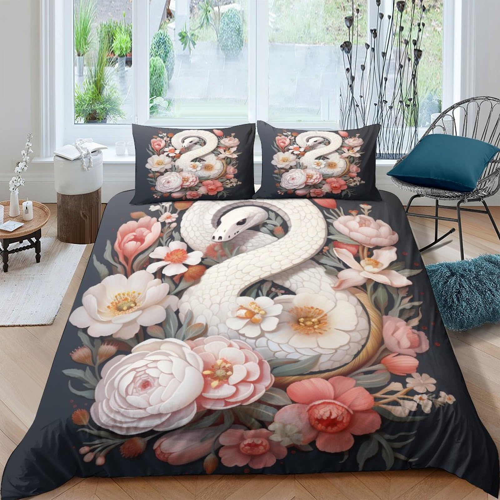 Parure de lit serpent 3D housse de couette 200x200cm microfibre avec 2 taies d'oreiller pour adulte et enfant