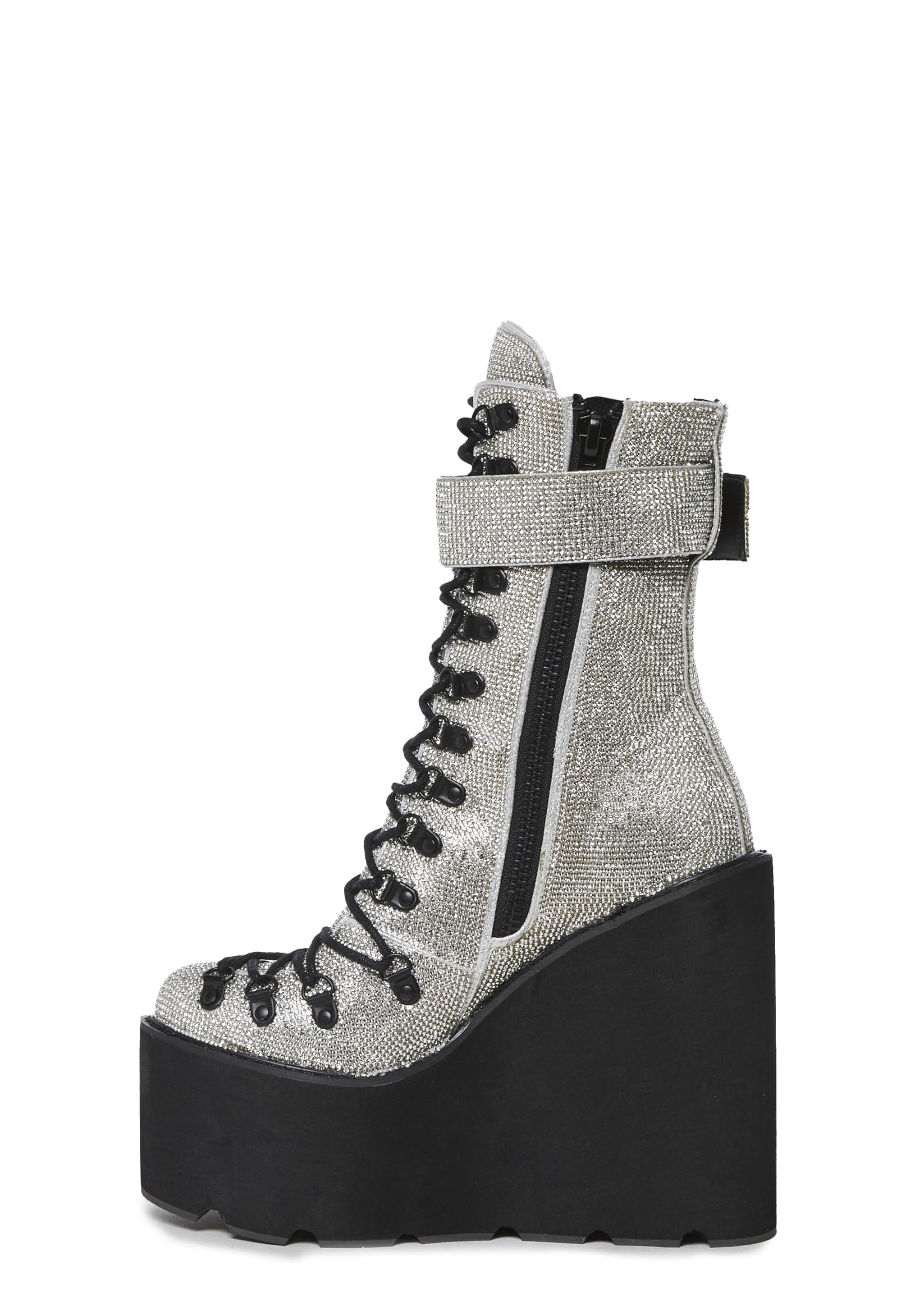 Dolls Kill Crystal Traitor Boots by Club Exx – Silver Rhinestone Studded Wedge Platform Boots with Lace-Up & Buckle Straps