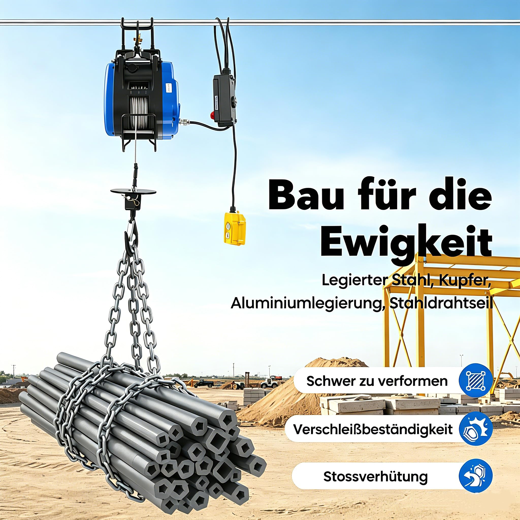 Mobile Seilwinde Elektrisch 230V 250kg Tragkraft 29m-Hubhöhe 19m/min Elektro Seilhubzug mit Funkfernbedienung (100m) 30m-Stahldrahtseil Hängetaster Sicherheits-Lasthaken Begrenzer 1.5m-Kabellänge