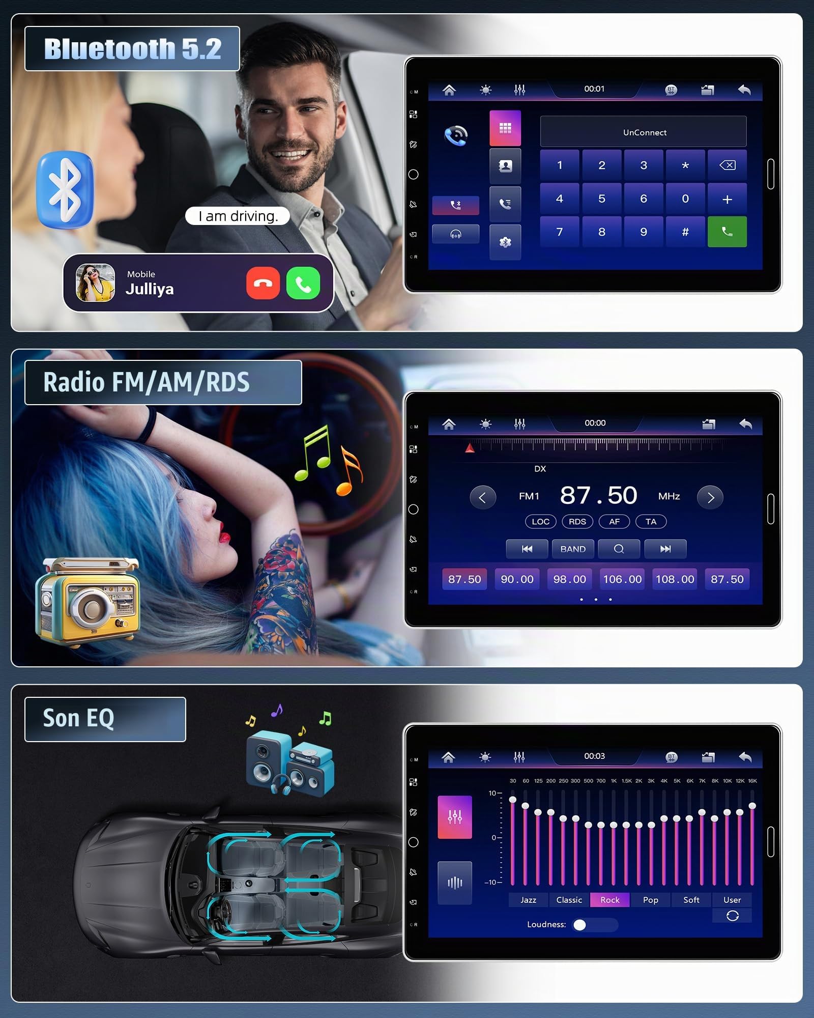CAMECHO Autoradio 1 Din, 10 Pouces sans Fil A-pple Carplay Android Auto avec Caméra de Recul, Pivotant IPS Touchscreen Radio avec FM/AM/RDS Bluetooth 5.2 EQ Mirror Link +Commandes au Volant