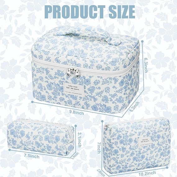 BuyCard Quilted Makeup Bag Set, 3Pcs Large Checkered Corduroy Cosmetic Bags, Cute Coquette Makeup Bag Toiletry Zipper Pouch Bag for Women and Girls Checkered, Blue Floral, Cute