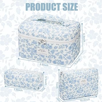 BuyCard Quilted Makeup Bag Set, 3Pcs Large Checkered Corduroy Cosmetic Bags, Cute Coquette Makeup Bag Toiletry Zipper Pouch Bag for Women and Girls Checkered, Blue Floral, Cute