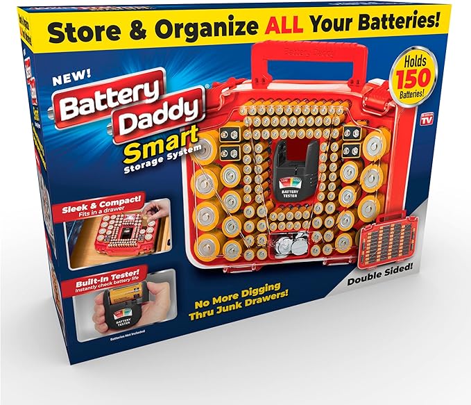 Ontel Battery Daddy Smart - Battery Organizer Storage Case with Tester, Stores & Protects Up to 150 Batteries, Clear Locking Lid, As Seen On TV, Smart - 150 Batteries (BADAS-MC4)