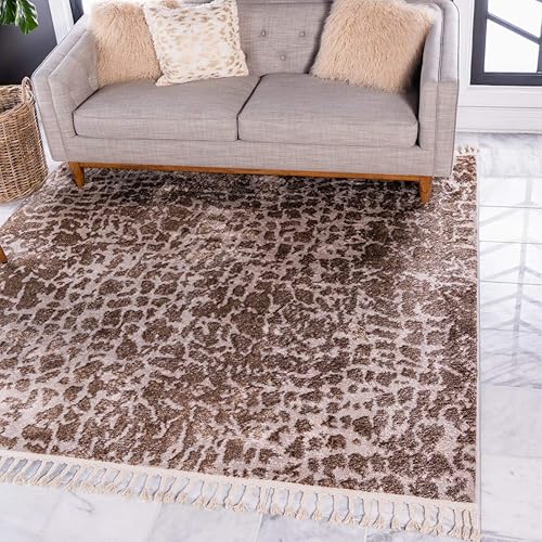 Unique Loom Titan Collection - Alfombra cuadrada moderna abstracta suave de pelo largo marrón (7 pies 7 pulgadas x 7 pies 7 pies)