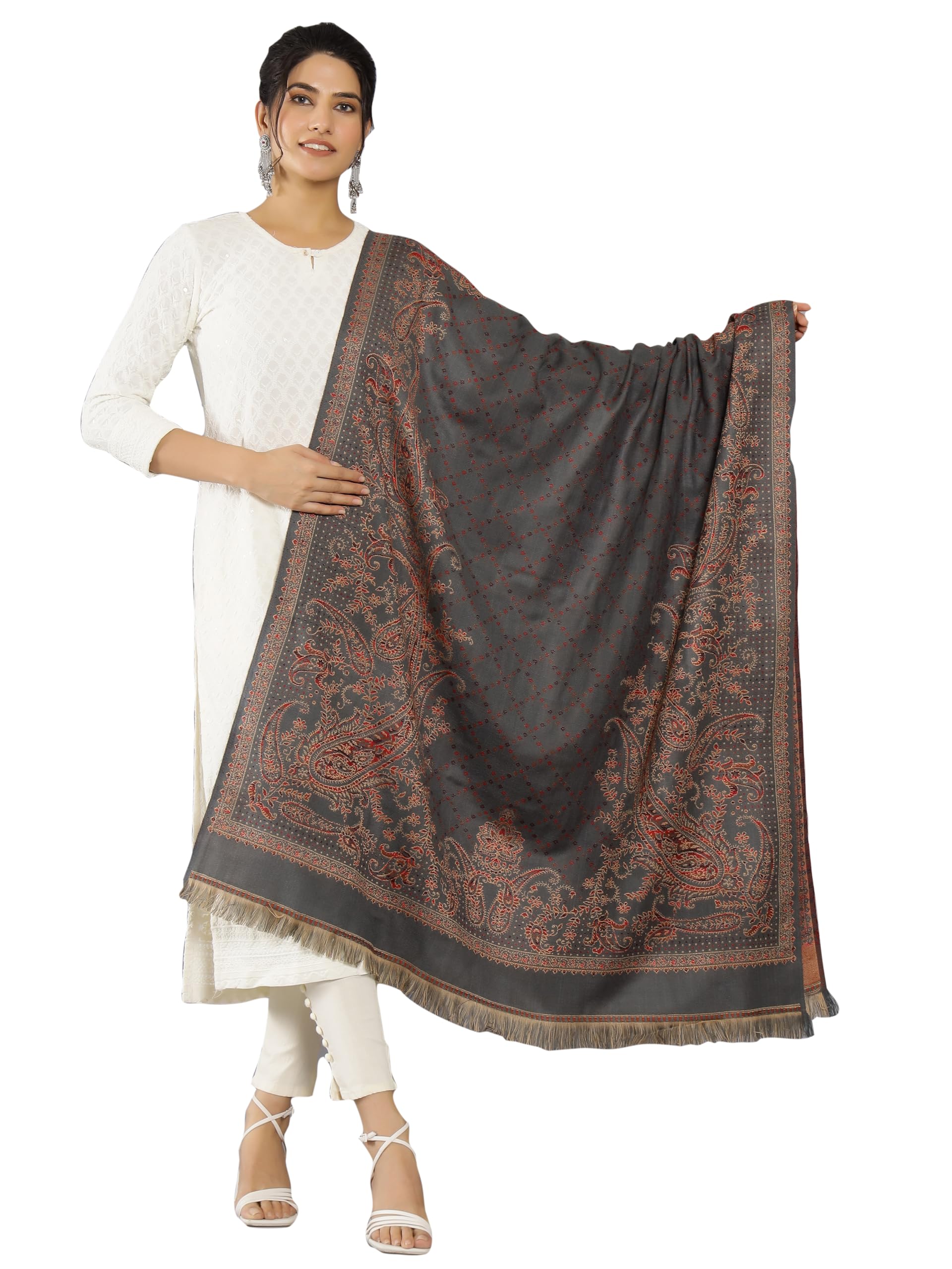 Ravaiyaa - Attitude Is Everything Traditional Paisley Pattern Wool Shawl, Soft Pashmina Large Women's Wrap (Grey)-picture-36