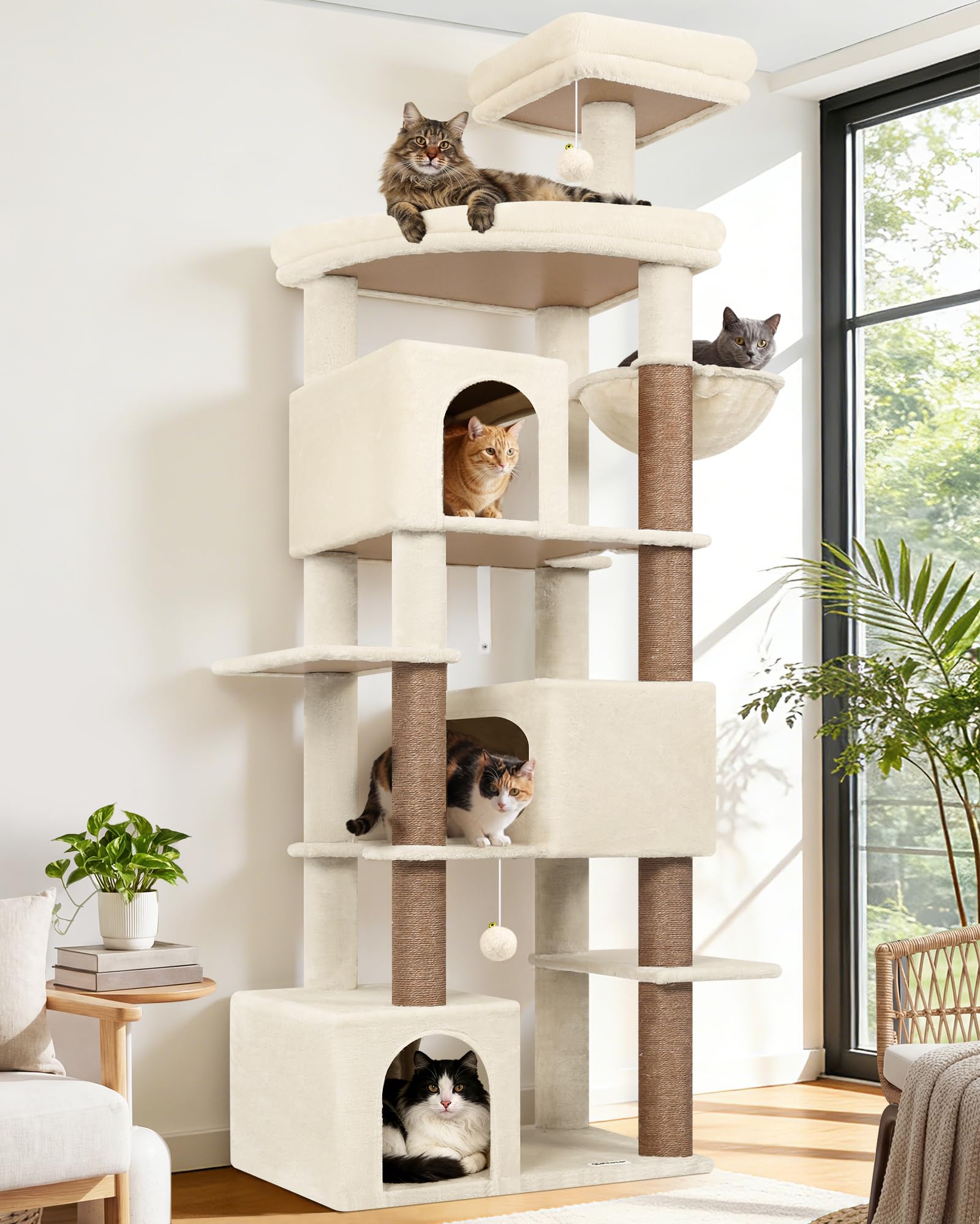 Globlazer Tiragraffi per Gatti Beige XXL Alto 203 cm con 3 Grandi Grotte 45 * 30 * 30CM, Extra Large Piattaforma, Cesto, Trespoli, Giocattoli, Albero Stabile per 4-6 Grandi Gatti Adulti (S80, Beige)