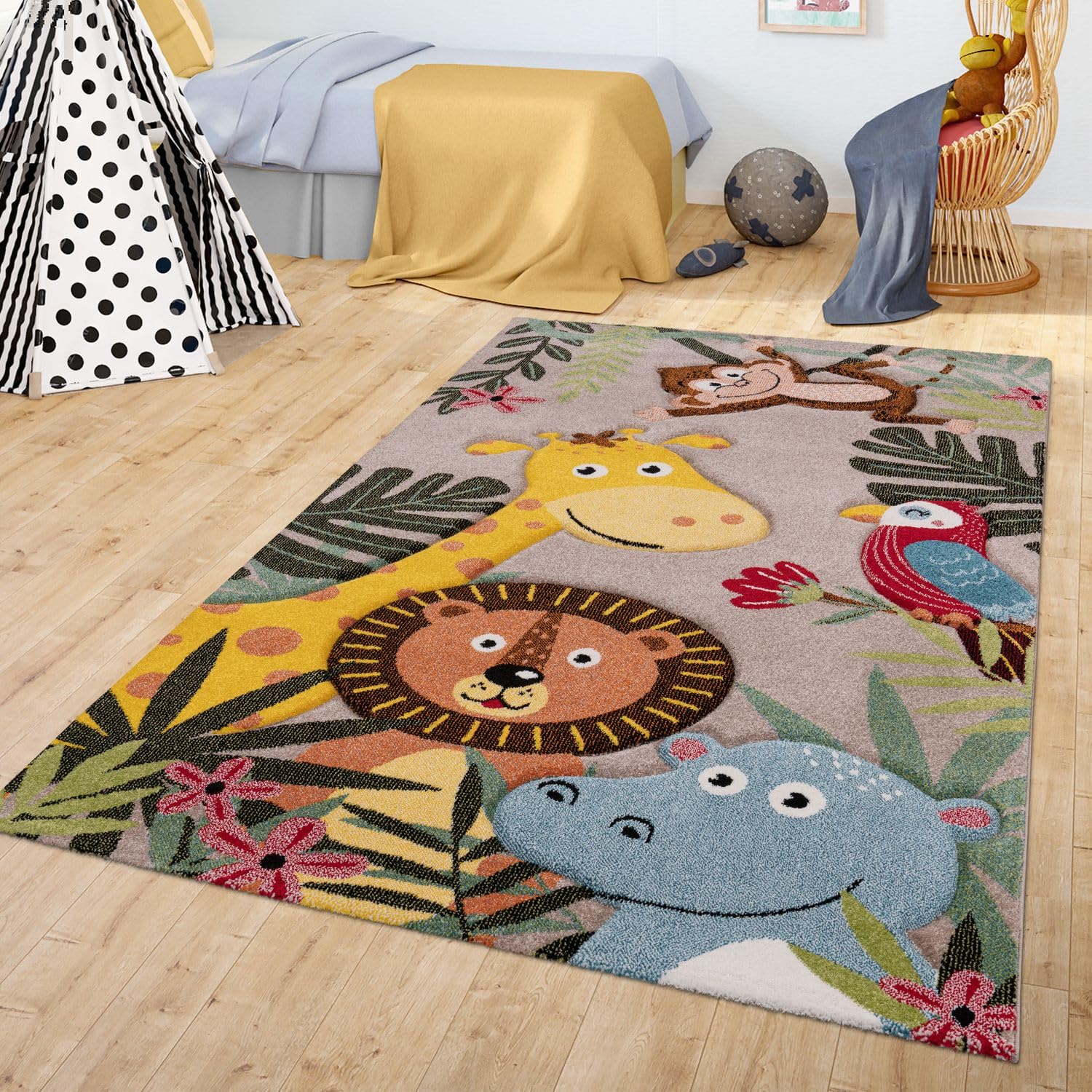 TT Home Alfombra para Niños Moderna Motivo Animal Jungla, Color:Verde Beige Marron, Tamaño:160x230 cm