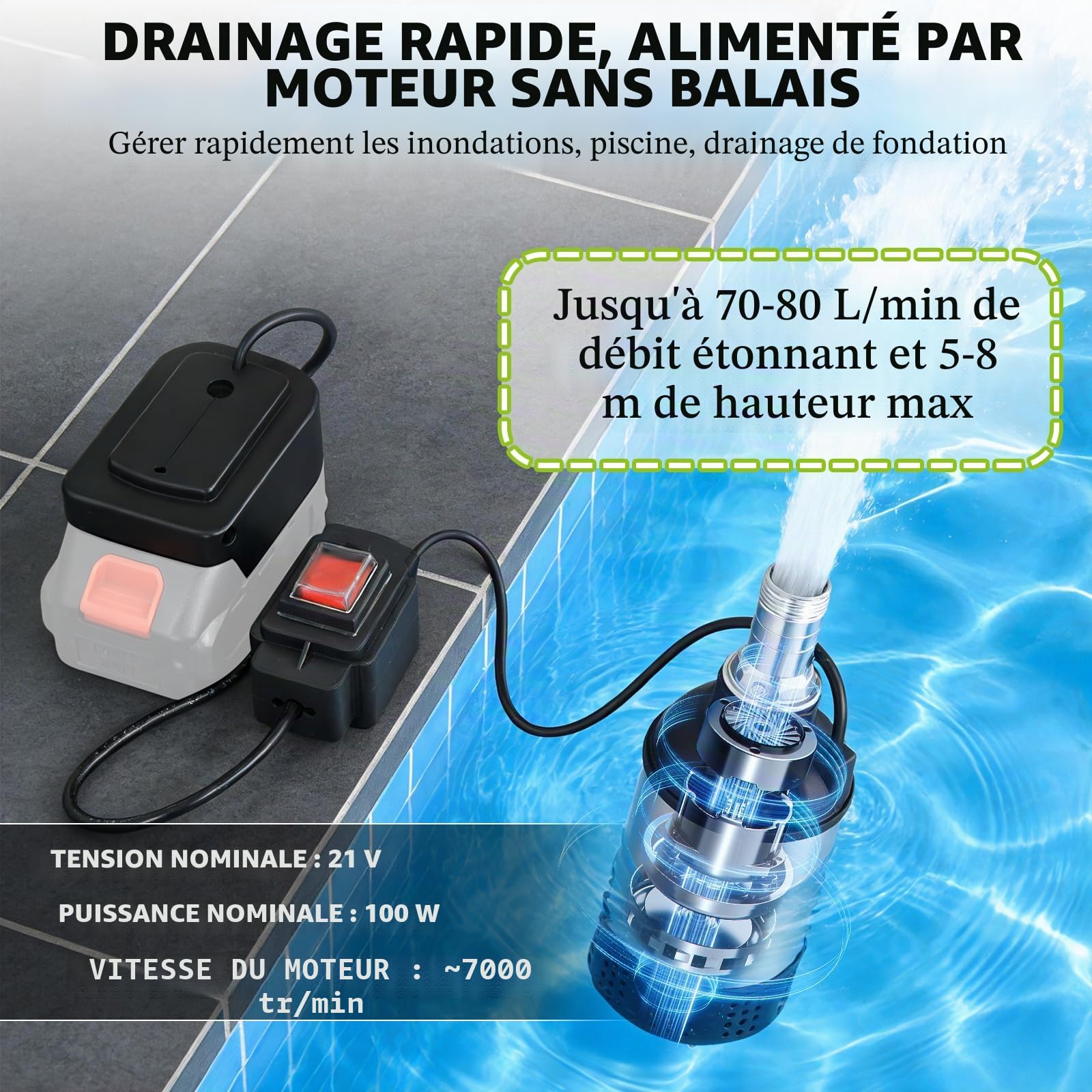 Pompe à Eau Electrique, Submersible Pompe Vide Cave 21V, Compatible avec Makita 18V Batterie, Débit Puissant 4800L/H, Hauteur de Refoulement 5-8m, pour Jardin, Irrigation Agricole, Drainage