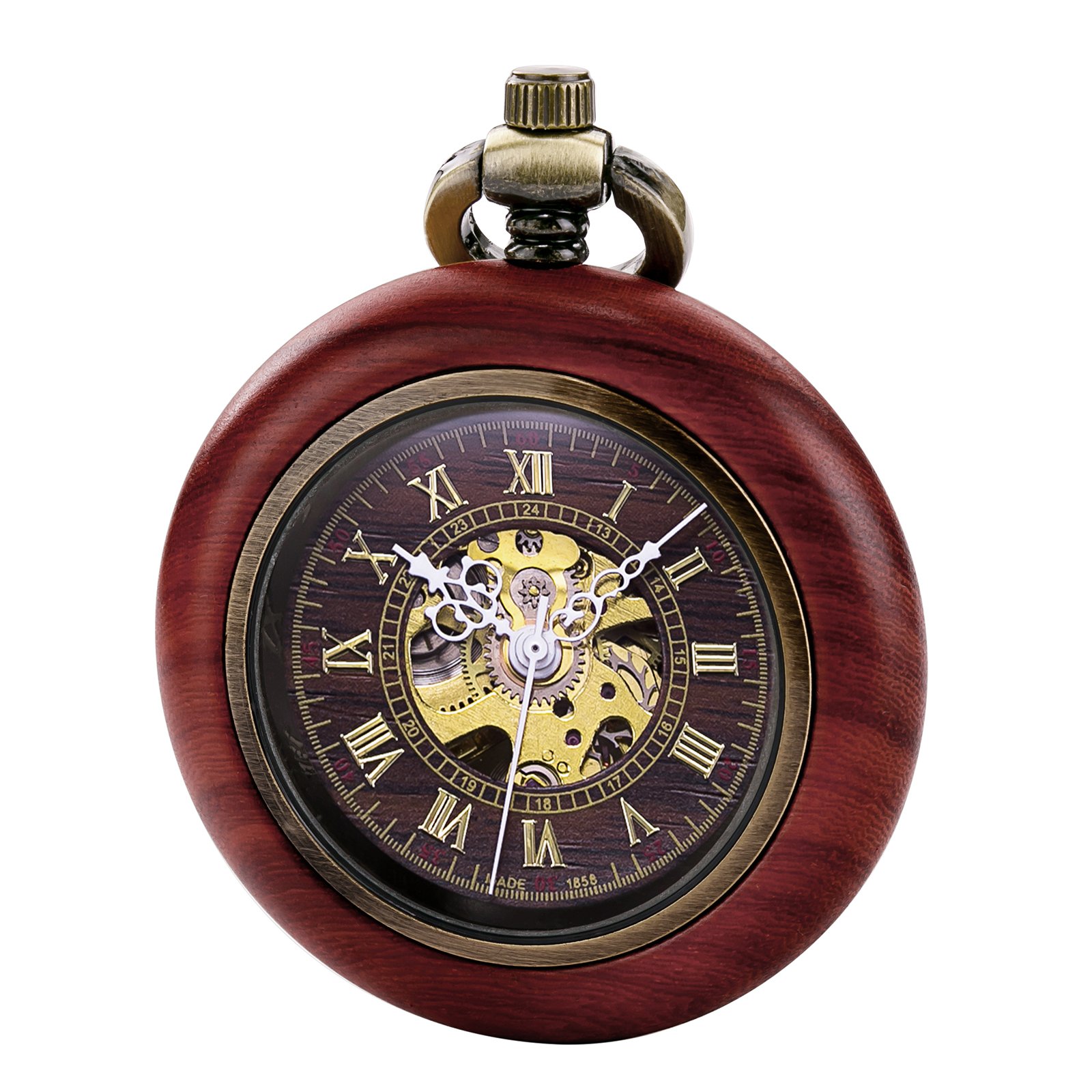 TREEWETO Montre de poche mécanique automatique en bois vintage pour homme et femme, cadran squelette steampunk avec chaîne + boîte cadeau