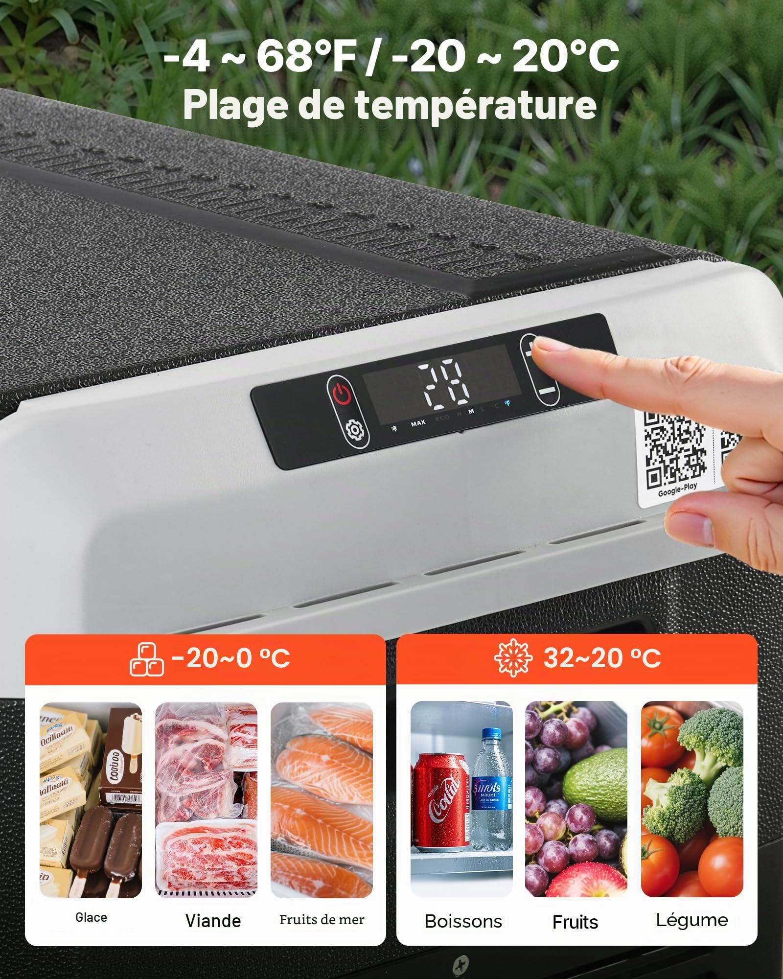 VEVOR Glacière Électrique 50 L, Réfrigérateur Portable Voiture et Maison 12/24 V CC et 100-240 V CA, pour Camping Voyage Plage Pêche, Mini Frigo à Compression, Température Réglable -20 °C à 20 °C