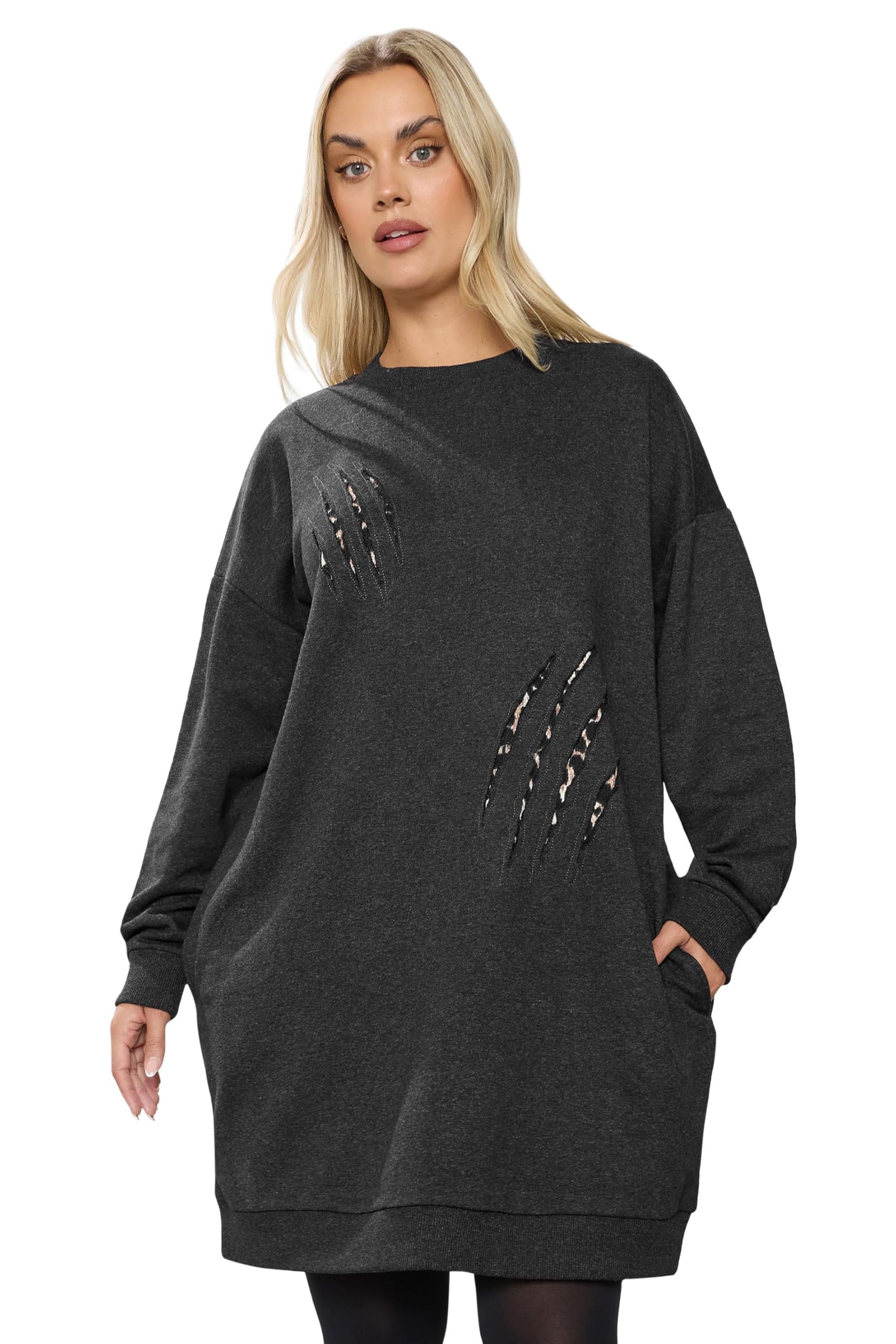 Yours Women's Grey Leopard Slash Sweatshirt Dress In | : 30/32