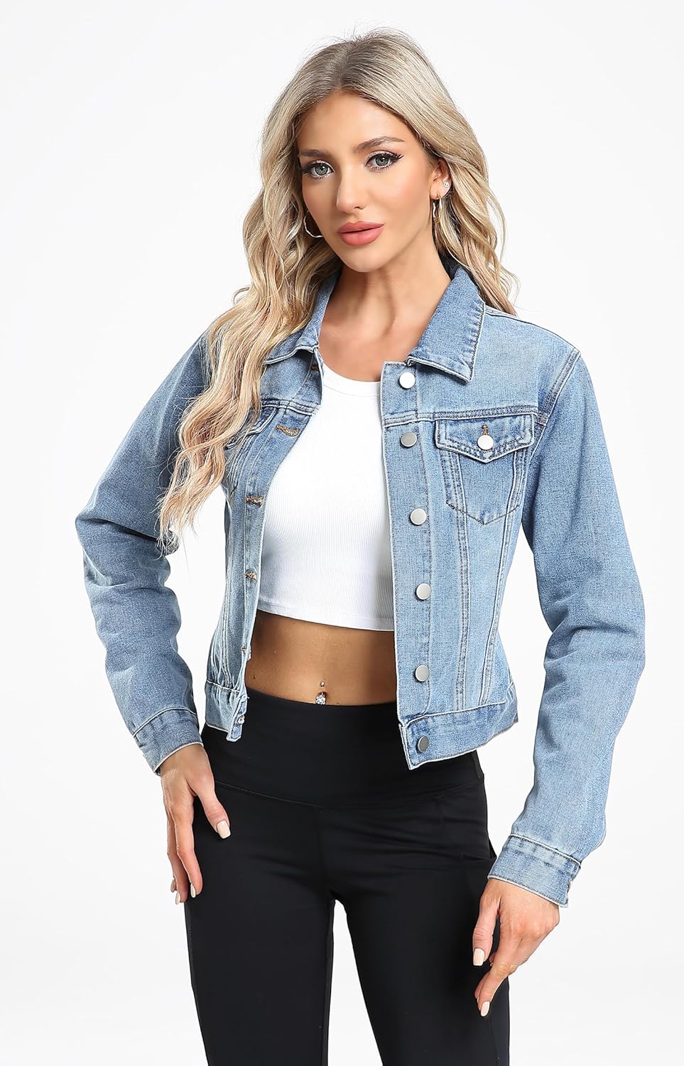 andy & natalie Women’s Denim Jackets Cropped Long Sleeve Basic Button Down Crop Jean Shacket with Pockets