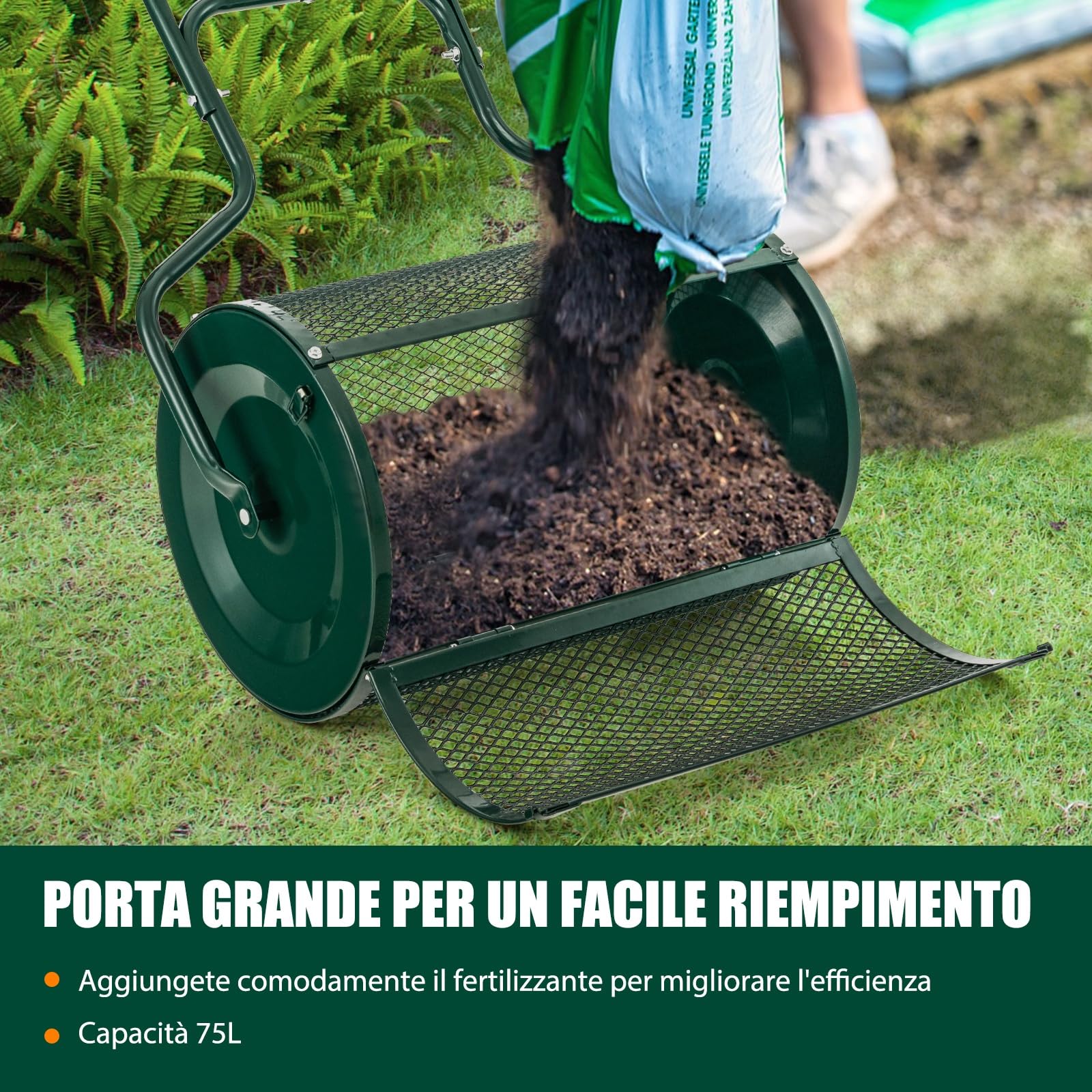 GYMAX Spandiconcime da 68 cm per la Cura del Giardino, Robusto e Leggero, in Metallo, con Doppie Serrature Laterali, Rullo Spargitore Fertilizzanti, Concime, Torba, Terreno, Muschio (Verde)