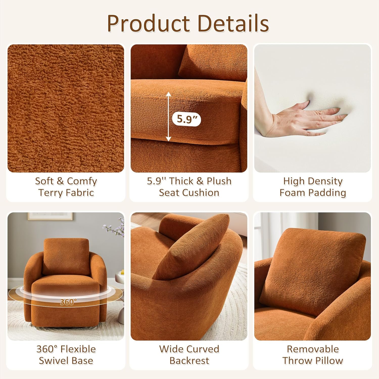 Swivel Barrel Chair, Cloud 360° Upholstered Armchair with Removable Throw Pillow for Living Room, Bedroom, Modern Comfy Single Sofa Chairs, Fully Assembled, Curry