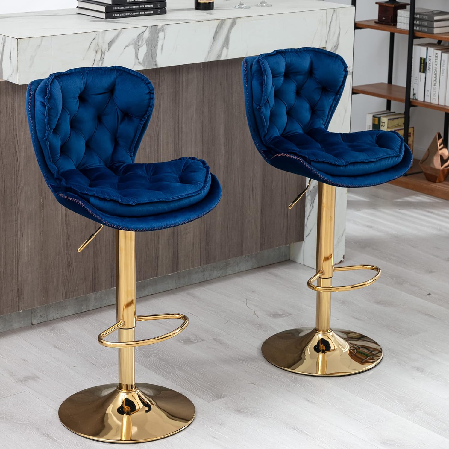 Velvet Tufted Bar Stools Set of 2, Modern Height Adjustable Swivel Barstools, 360 Degree Counter Chairs with Back & Gold Metal Base for Pub Kitchen Cafe, Navy Blue