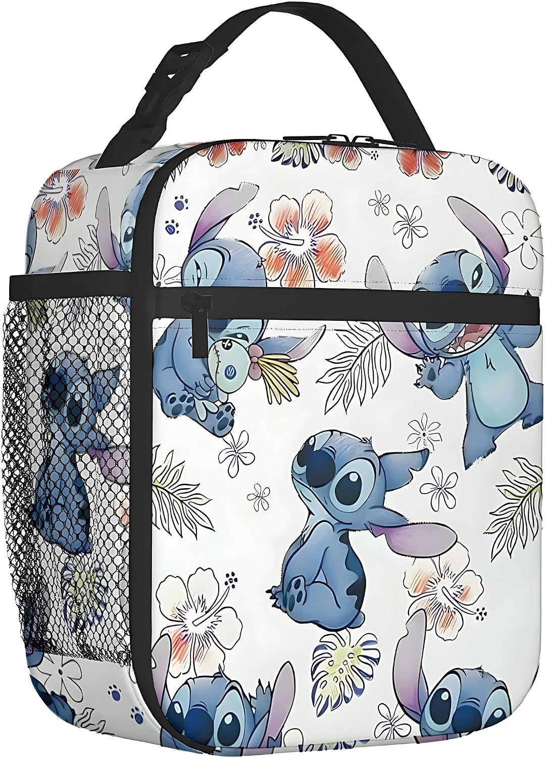 Kids Insulated Lunch Bag, Cute Floral Cartoon Print, Bottle Pocket & Zipper Pocket, Soft School Lunch Tote for Boys & Girls