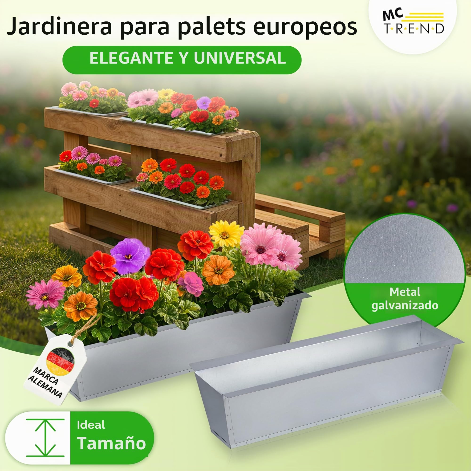 MC-Trend Macetero para palés europeos, metal galvanizado, resistente a la intemperie y a la corrosión, con agujeros de drenaje, 38,1 x 13 x 9 cm, 247 g, resistente a los rayos UV, apilable, varios