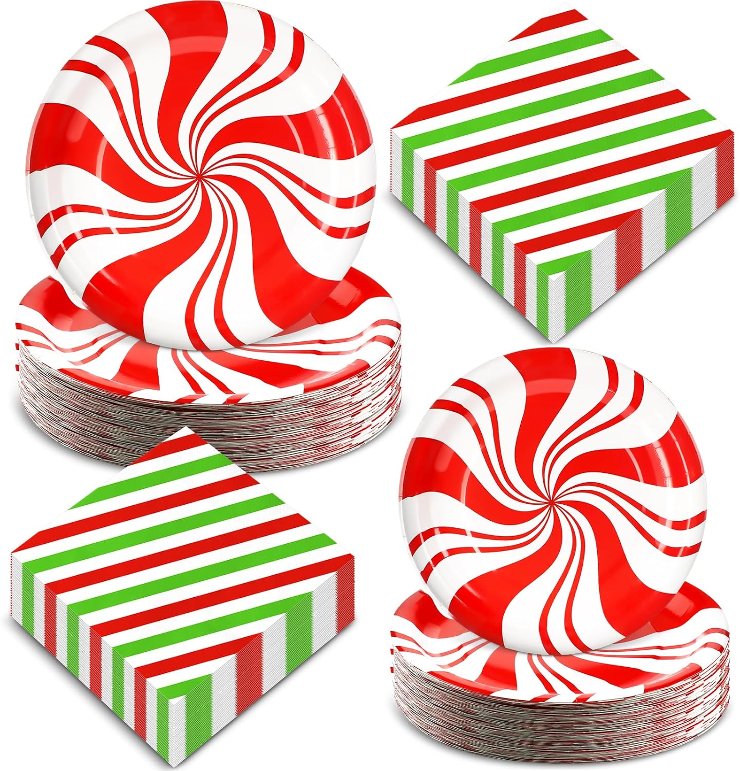 Uiifan 300 Pcs Christmas Paper Plates and Napkins Set - Peppermint Candy Disposable Tableware Decor - 200 Red Striped Round Plates, 100 Napkins for Xmas Party