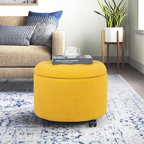 Miniatura 2 de Decent Home Otomana redonda de almacenamiento con ruedas, taburete de terciopelo de peluche con botones copetudos para sala de estar y dormitorio,