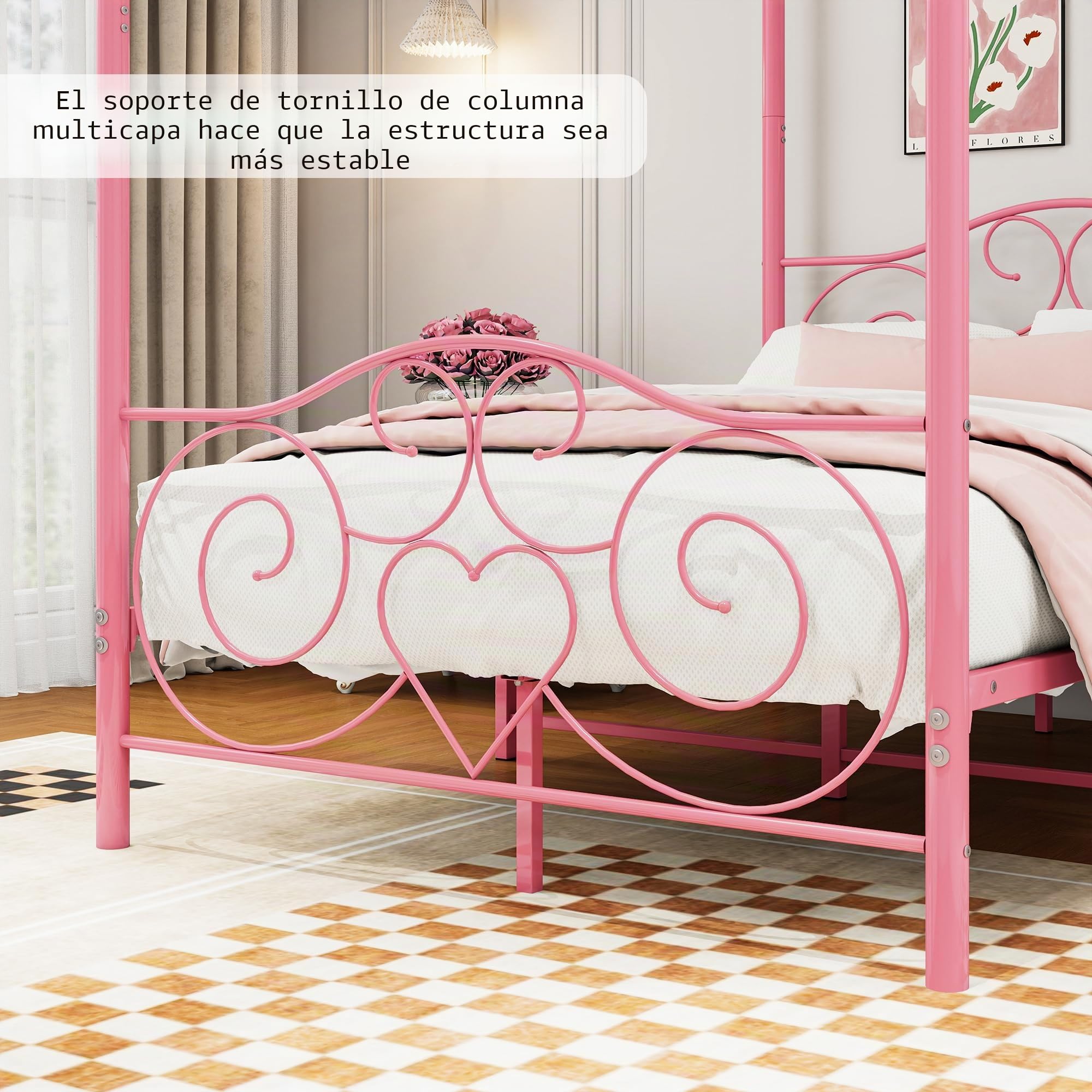 Marco de cama con dosel 140 x 200 cm, metal resistente, listones y soportes de acero, sin muelles, color rosa