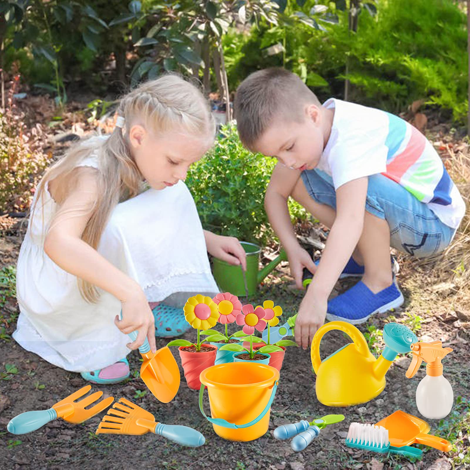 LINFUN KIDS Jeu d'Imitation Outils de Jardinage pour Enfant Jouet de Jardin Sable avec Arrosoir Râteau Pelle, Cadeau pour Enfants Garcon Fille 3+ Ans
