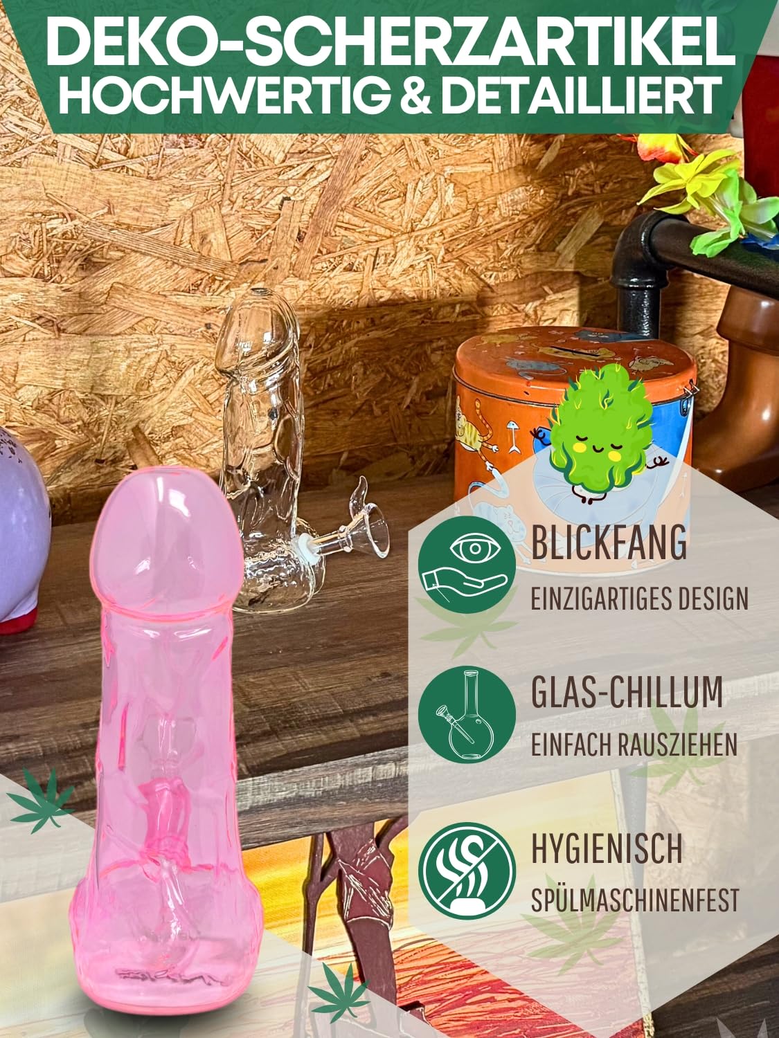 EKNA Pipa per bong in vetro, 15 cm, rosa, in vetro, 100% vetro borosilicato, divertente idea regalo (1 rosa)