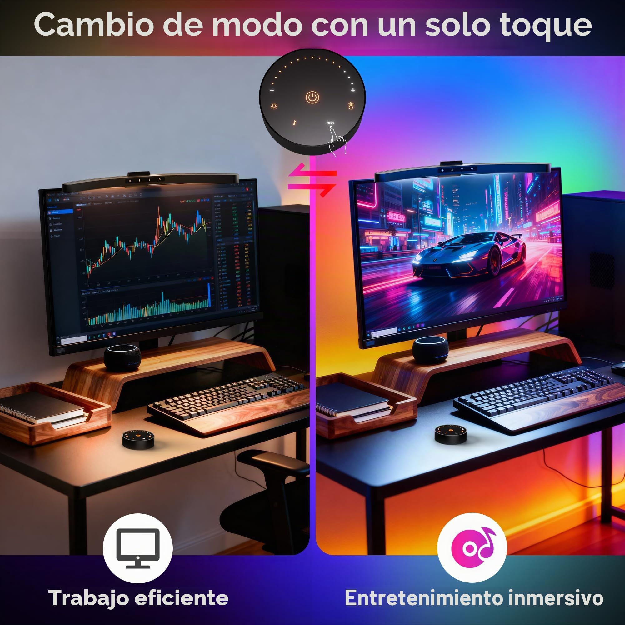 Quntis 45cm Lampara Monitor Curvo con RGB Retroiluminación, Barra Luz Monitor Curvo con Control Dual y Sincronización con la Música, Luz Antiazul, Sin Reflejos Lampara Ordenador para Oficina en Casa