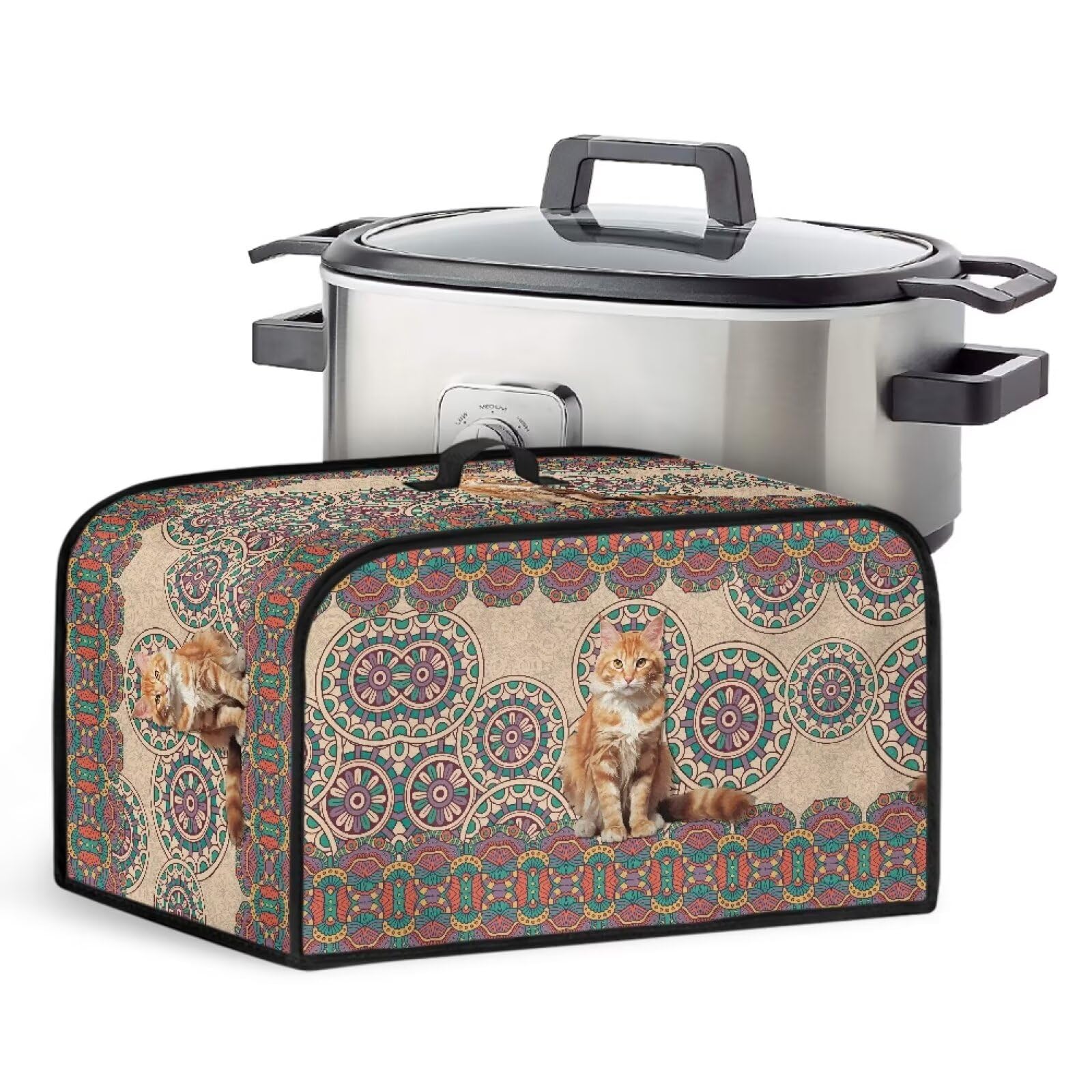 Xoenoiee Boho Mandala Cat Print Slow Cooker Dust Cover Novelty Crock Pot Cover with Top Handle and Side Mesh Pocket Versatile Kitchen Appliance Cover