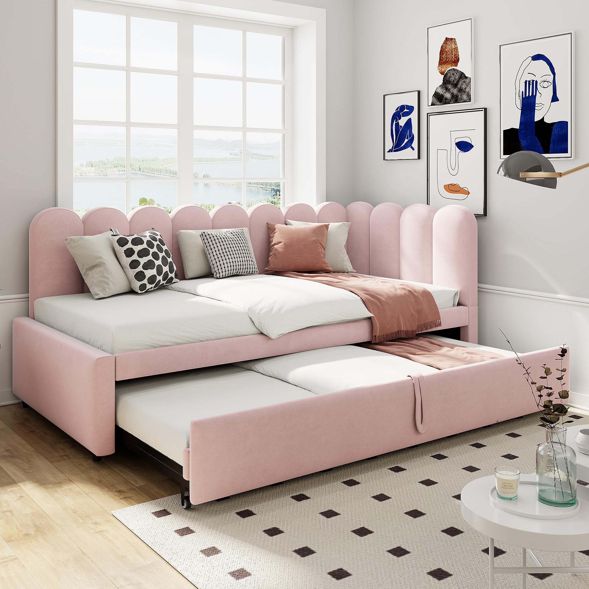 2-in-1 Multifunktions-Schlafsofa in L-Form (90/180 x 200 cm), Samtbeige Polsterbett als Kinderbett oder Gästebett genutzt Werden (Rosa, 90 x 200 cm (Innenmaß))