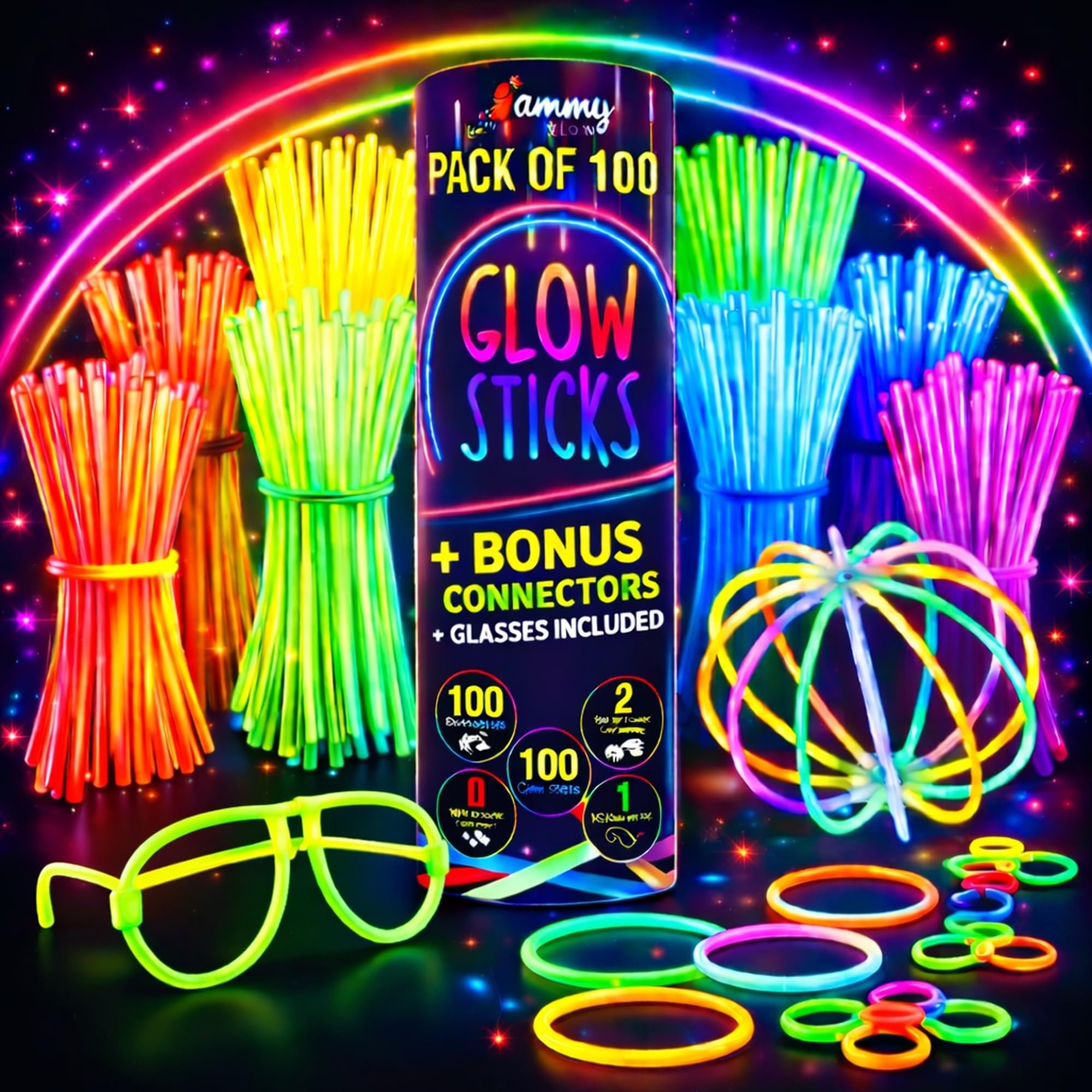 Ammy Glow-Glow Sticks-100 Pack Bulk Party favors for Kids-Neon Glow in The Dark Party Supplies - Eye Glasses, Glow Bracelets & Necklaces -Party Lights For Birthdays & Weddings-205 pcs